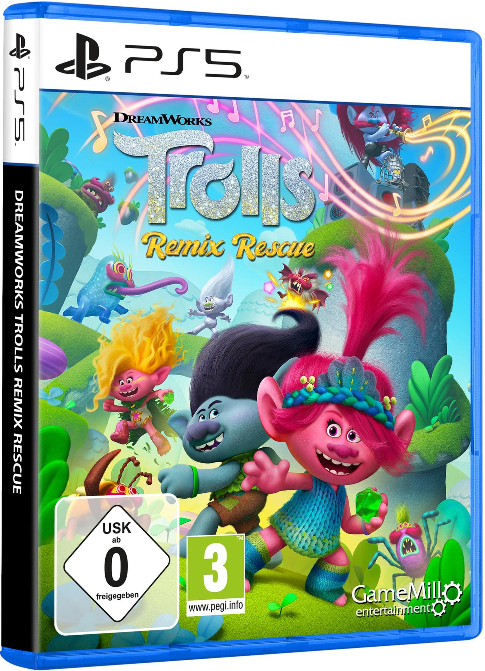 Custodia del gioco Trolls Remix Rescue PS5. Personaggi di Trolls davanti. Sfondo di paesaggio verde con personaggi.