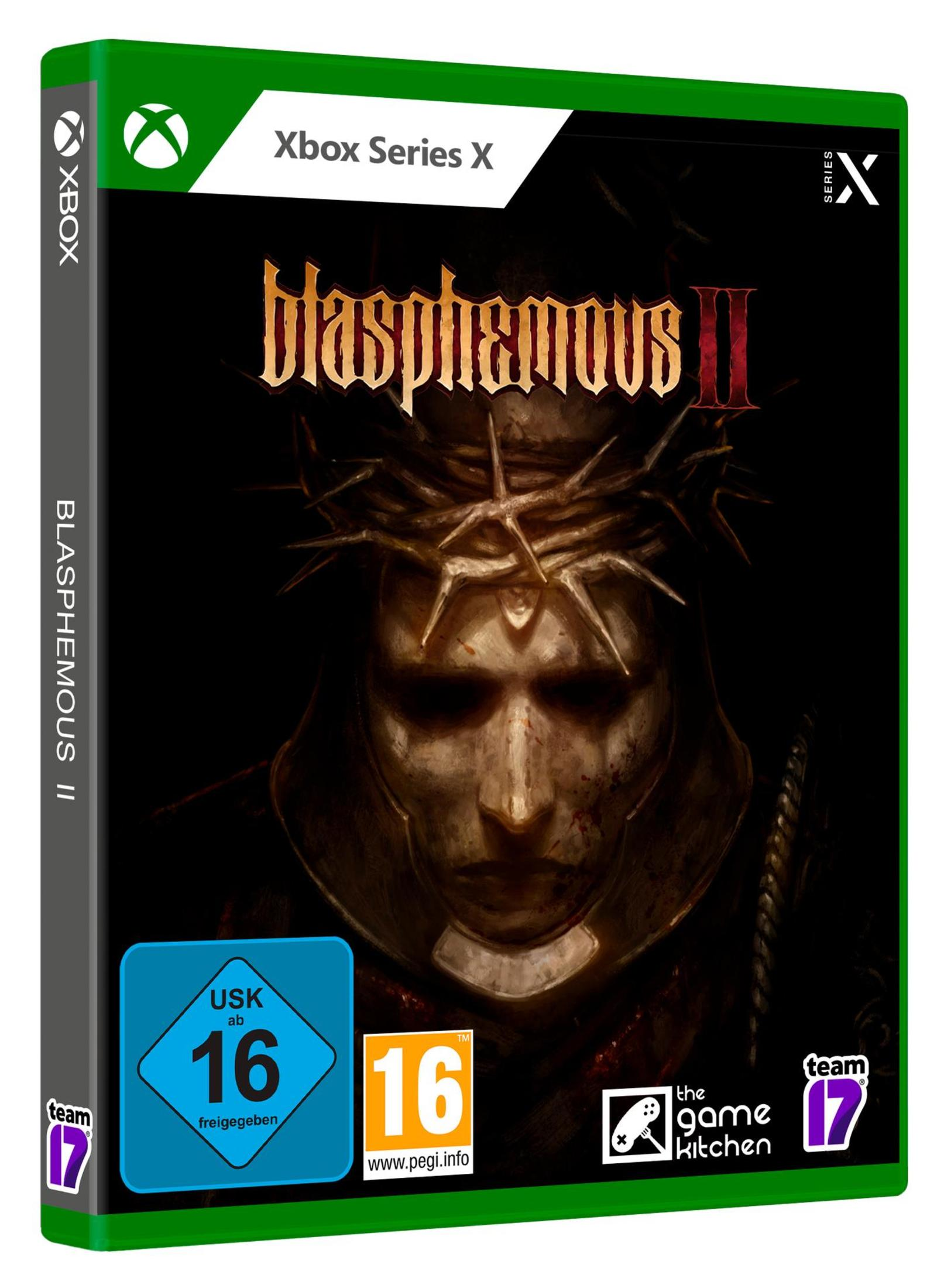 Xbox Series X Spielbox: Blasphemous II. Dunkler Hintergrund, religiöse Figur. Weißer Hintergrund.
