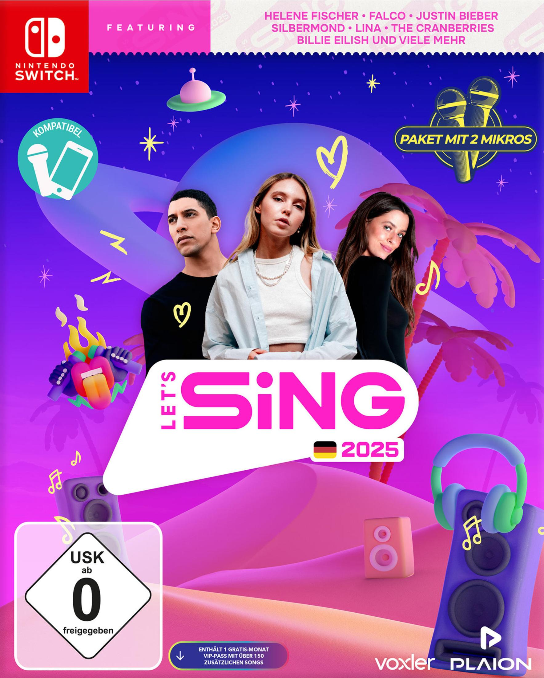 Spielcover von 'Let's Sing 2025', mit Sängern und Mikrofonen.