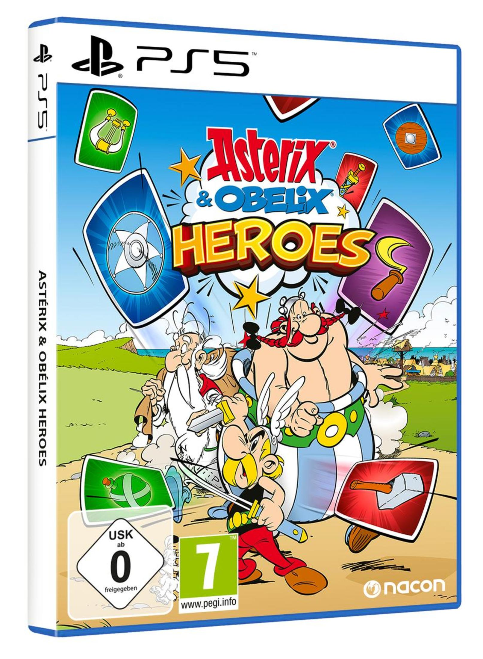 Eine Videospielbox für 'Asterix & Obelix Heroes' für PS5. Buntes Artwork der Charaktere.