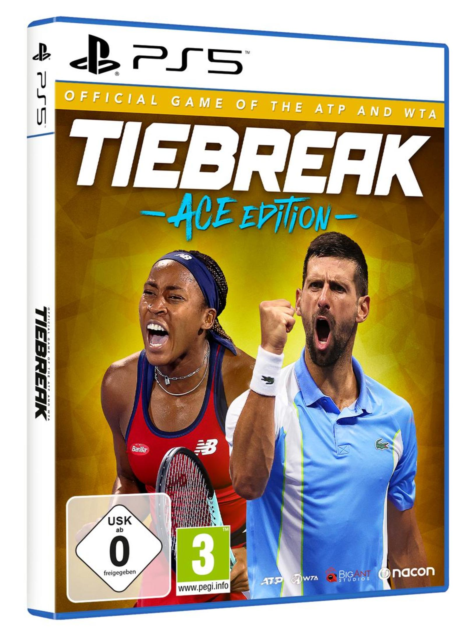 Spielcover für Tiebreak Ace Edition für PS5. Zeigt zwei schreiende Tennisspieler.