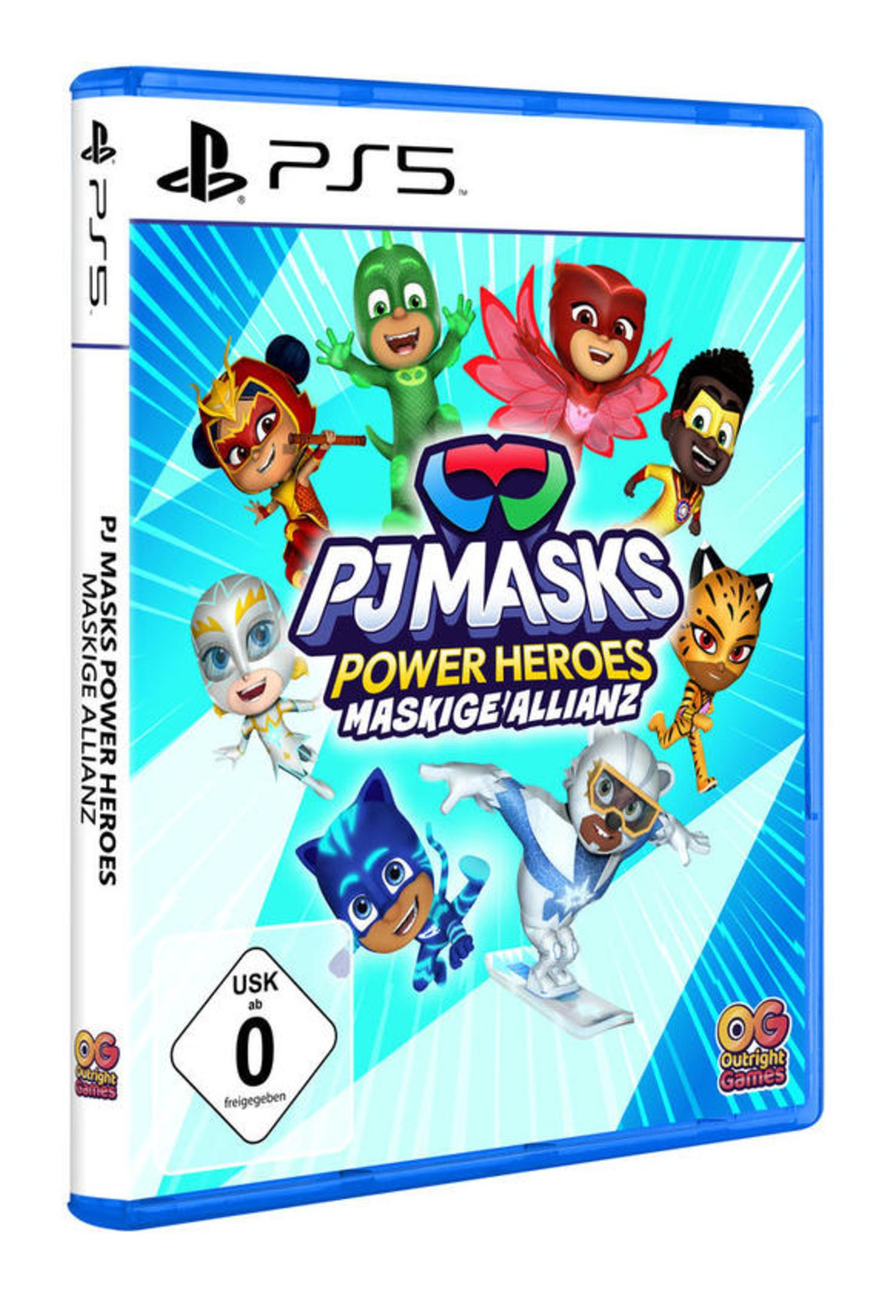 Una scatola di gioco PS5 per PJ Masks: Power Heroes, con personaggi e custodia blu.