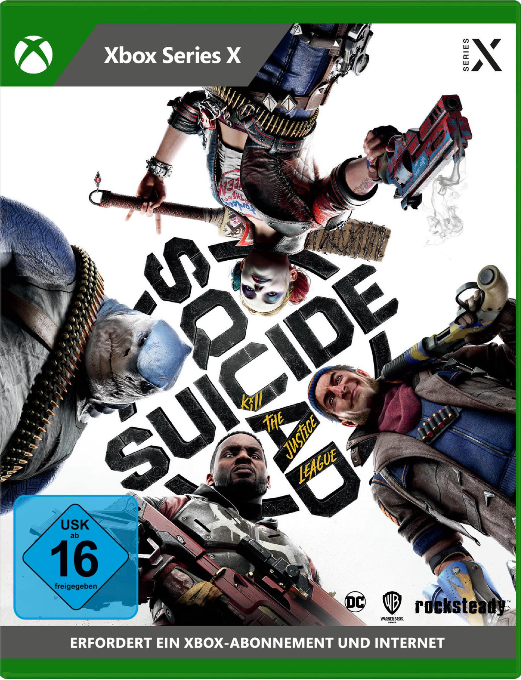 Suicide Squad-Spielcover. Charaktere in Actionpose mit Textüberlagerung.