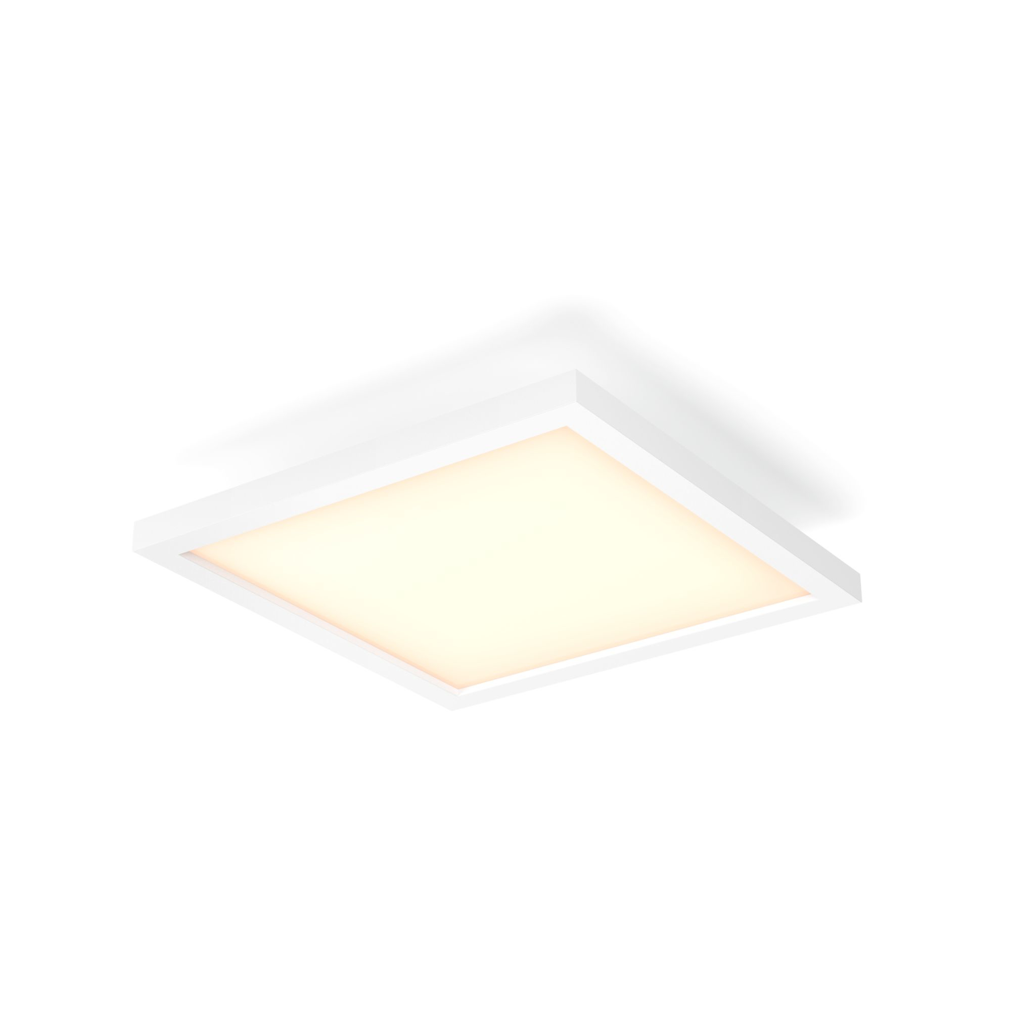 Plafonnier LED carré blanc, encastré, émettant une lumière douce et chaude.