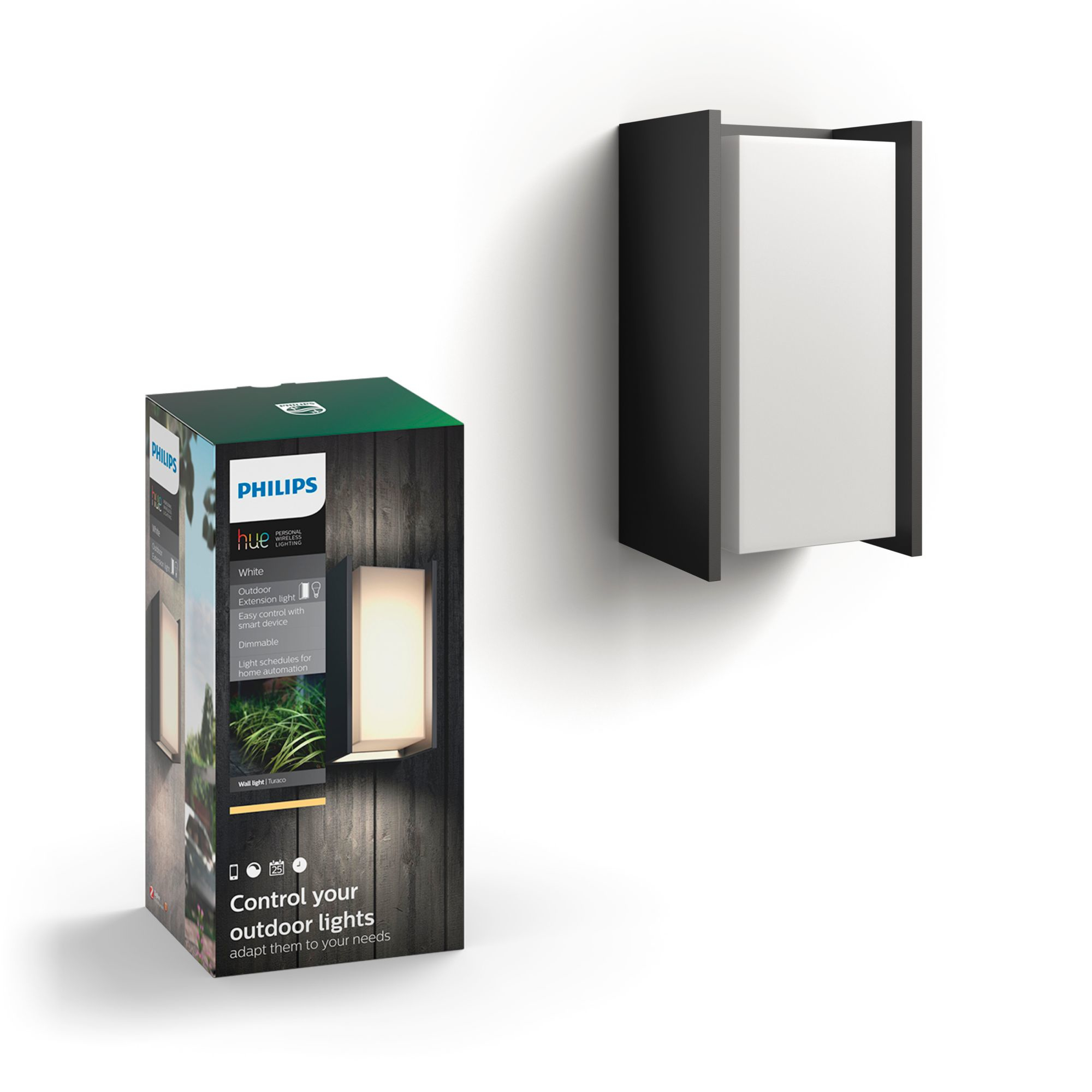 Zewnętrzna lampa ścienna i opakowanie na białym tle.