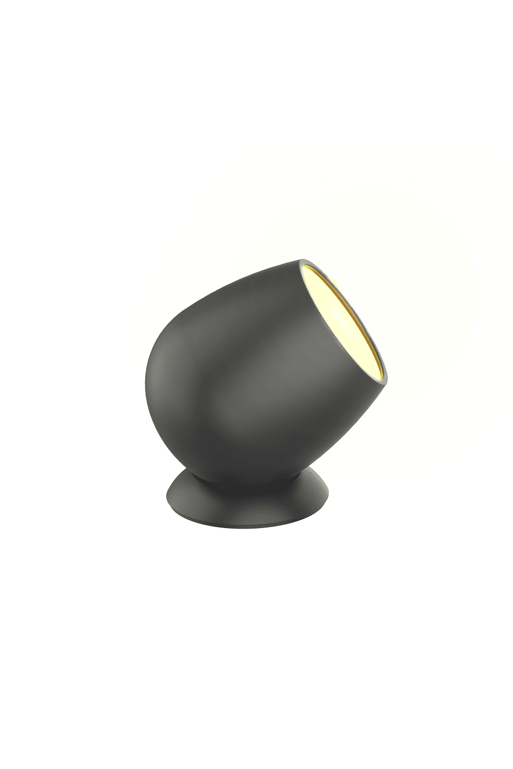 Una lampada nera e arrotondata con una luce interna gialla brillante, isolata su bianco.