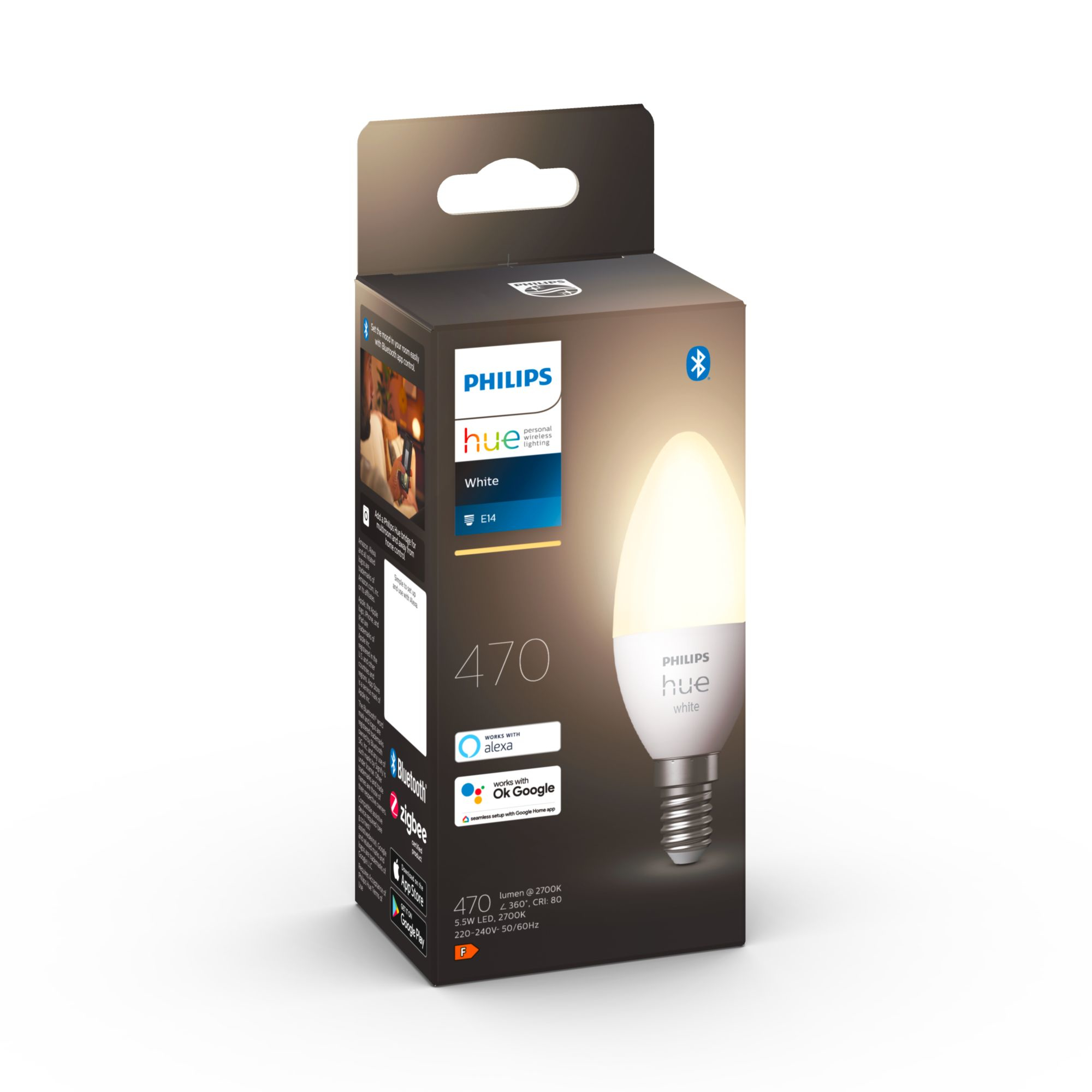 Inteligentna żarówka Philips Hue w pudełku, biała żarówka z ciepłą poświatą i białym tłem.
