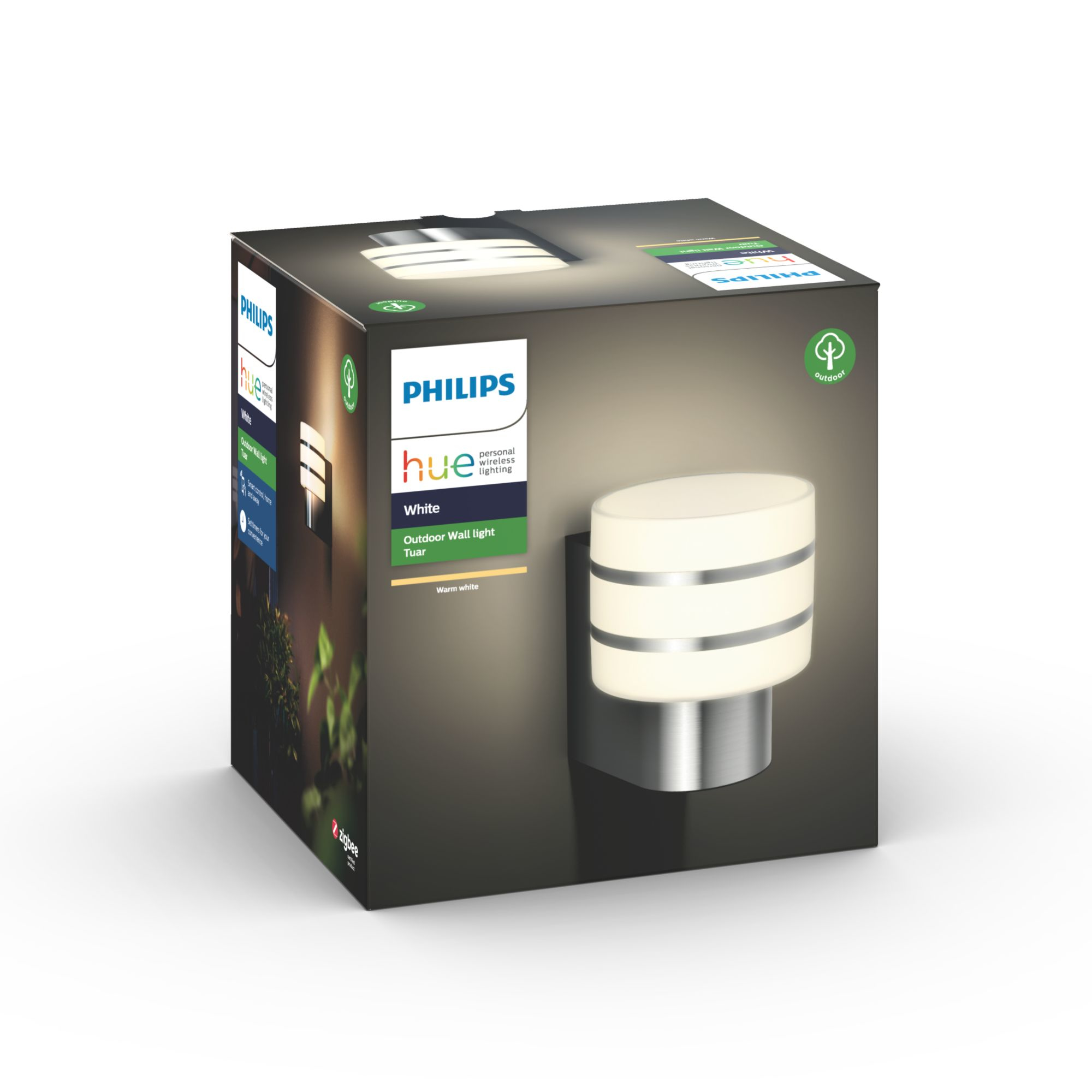 Zewnętrzna lampa ścienna Philips Hue w pudełku, białe światło na białej ścianie.