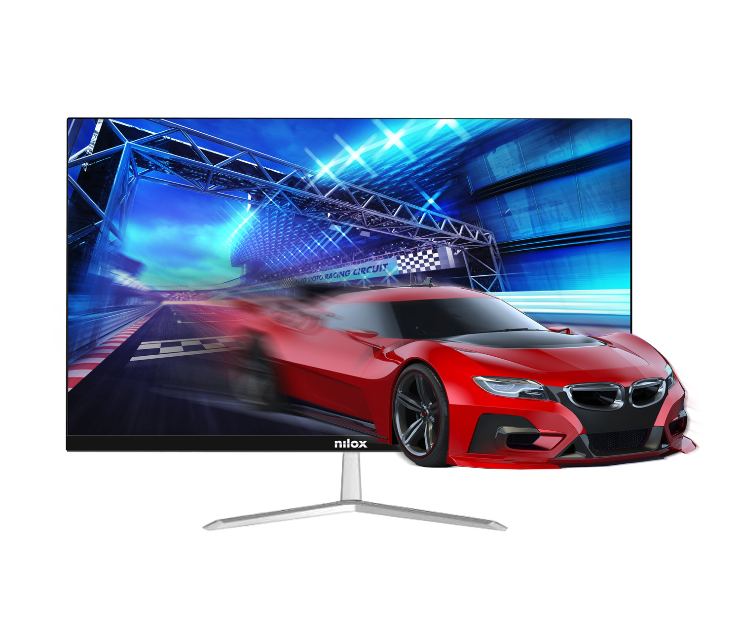 Monitor del computer che mostra un'auto sportiva rossa che corre su una pista.