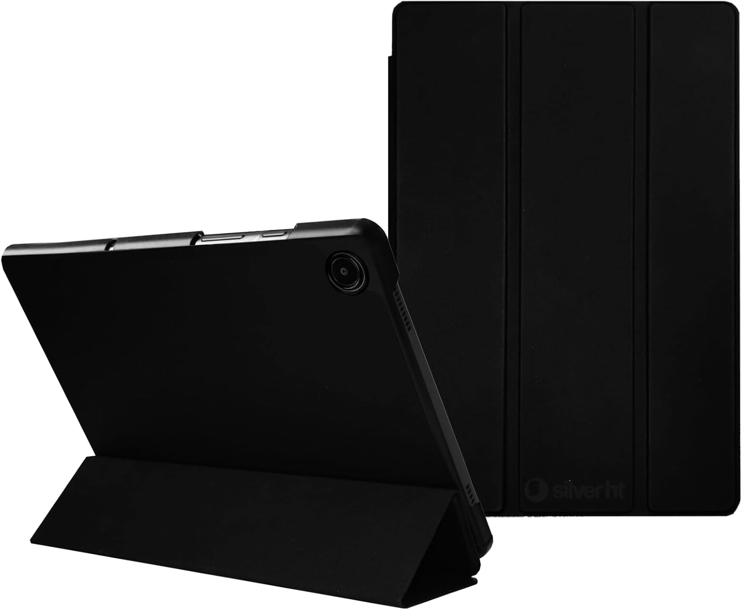 Tableta negra en una funda negra. La funda está plegada en un soporte.