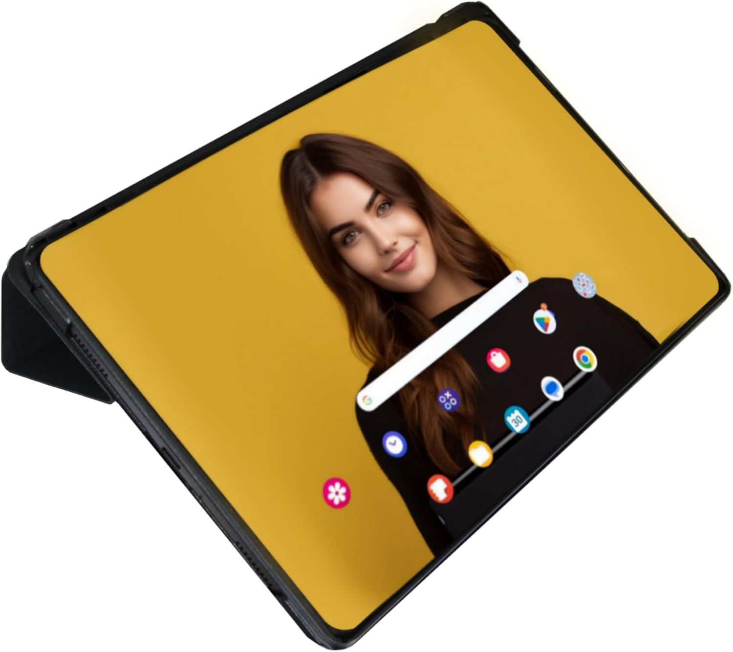 Tableta con imagen de mujer en pantalla, aplicaciones visibles, apoyada en soporte.