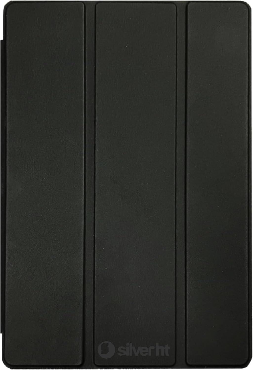 Una funda de tableta negra cerrada, con una superficie lisa y líneas verticales.
