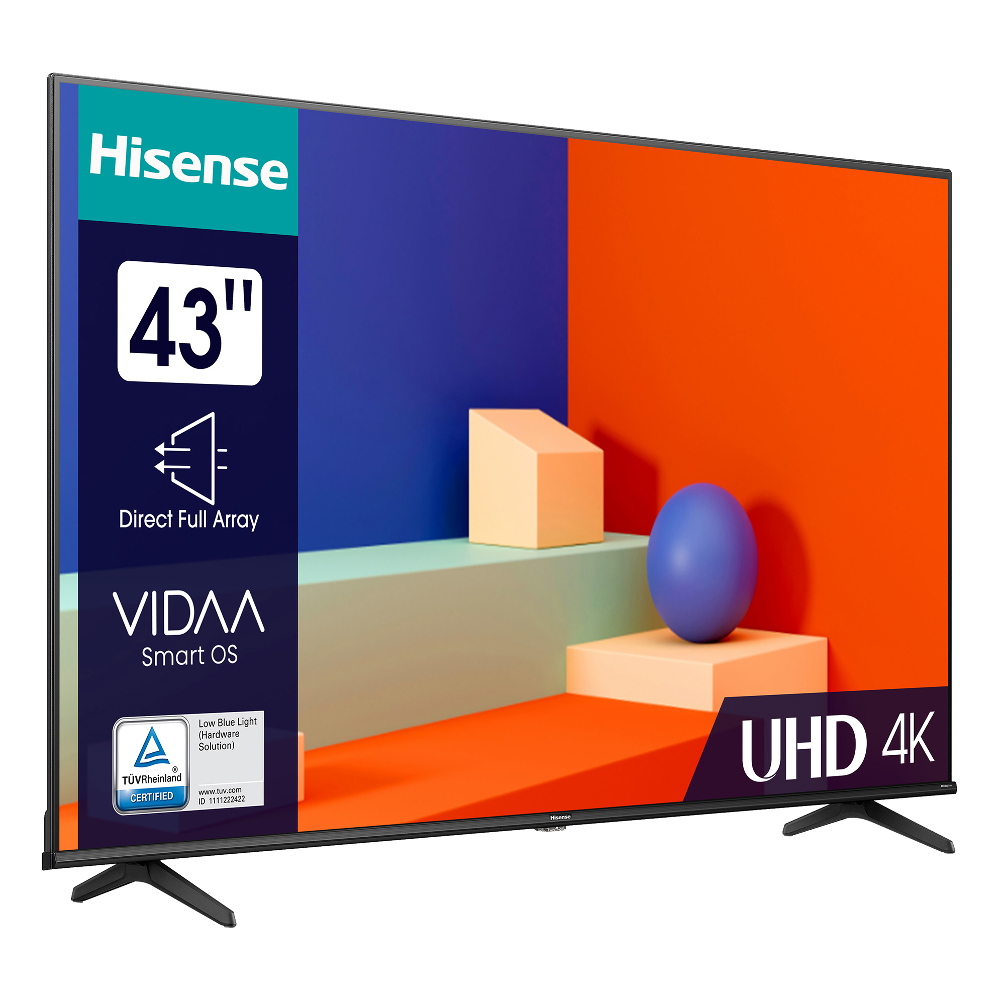 Ein Hisense-Fernseher, der Inhalte mit farbenfrohem Hintergrund vor weißem Hintergrund anzeigt.