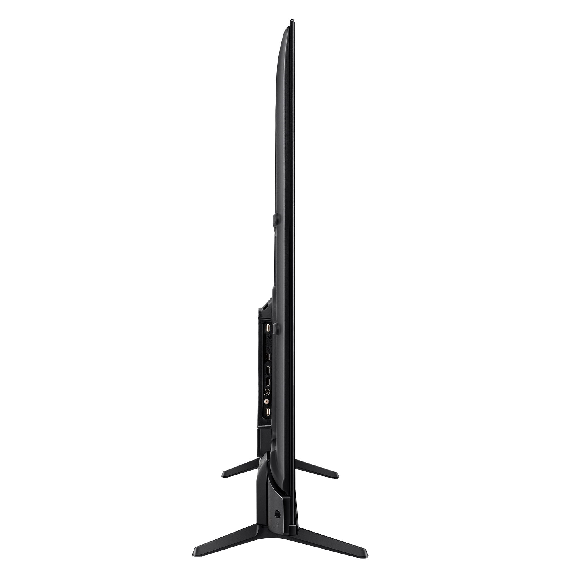 Seitenansicht eines schwarzen Fernsehers auf einem Ständer, zeigt Anschlüsse und Stecker an der Seite.