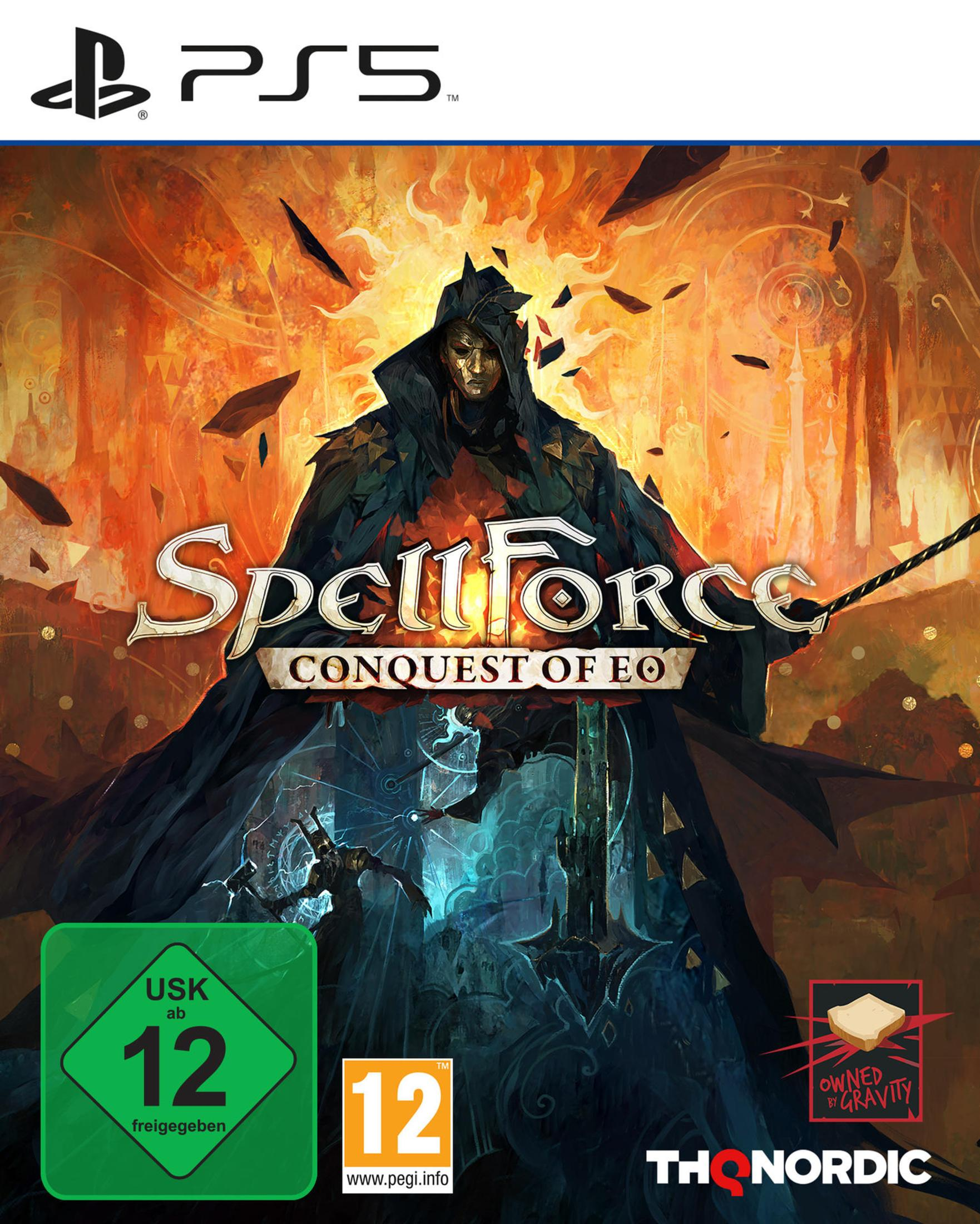 Scatola del gioco con una figura oscura e fiamme. Titolo: SpellForce: Conquest of Eo.