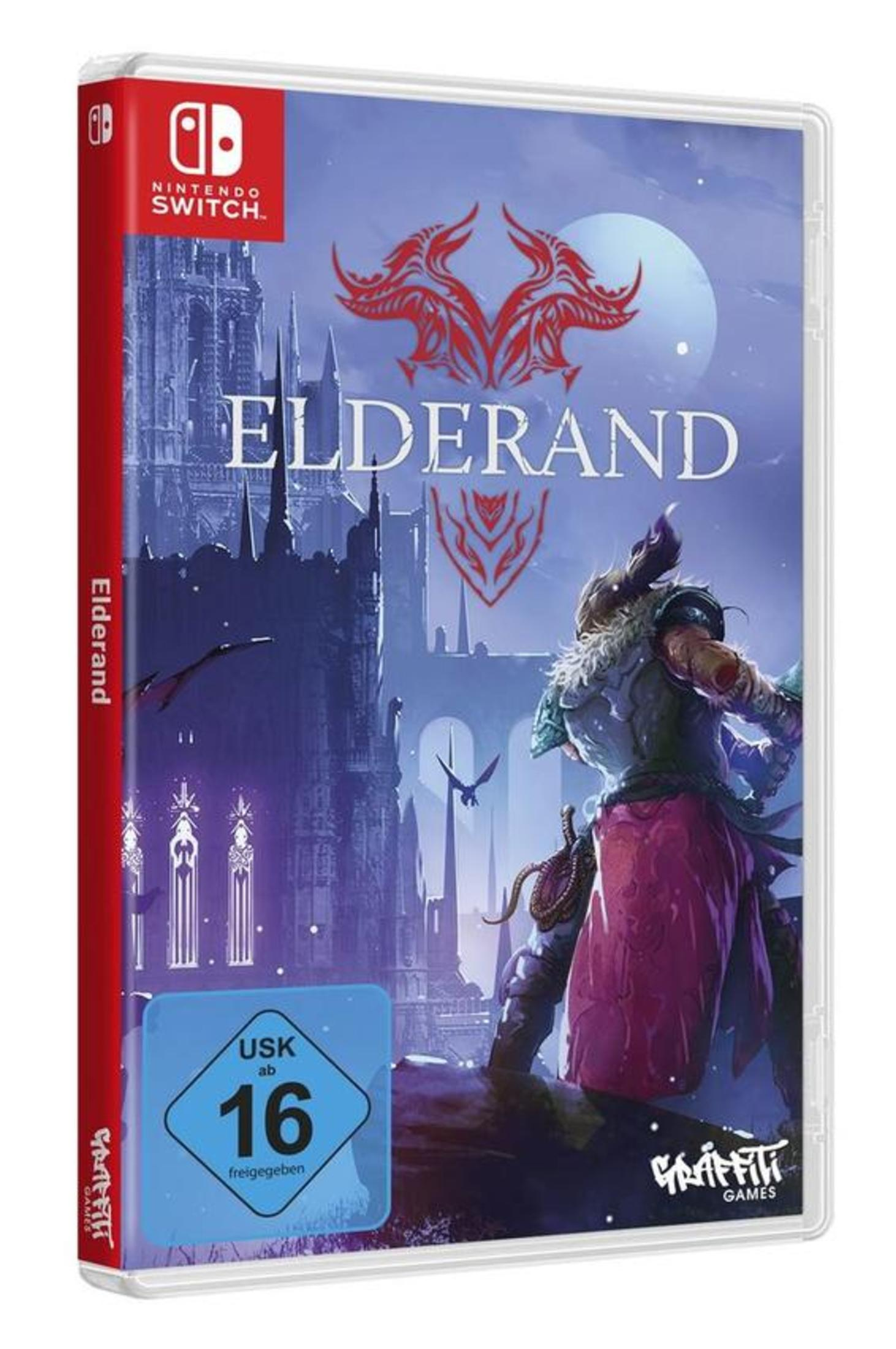 Ein Nintendo Switch-Spielcase mit dem Titel 'Elderand'. Das Cover zeigt einen Krieger und eine dunkle Burg.