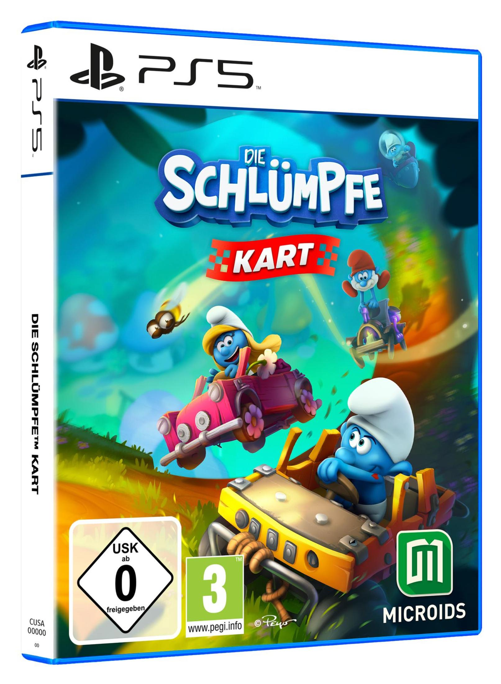 Una scatola di gioco PS5 con i Puffi. La copertina mostra i Puffi in una scena di corsa con uno sfondo colorato.