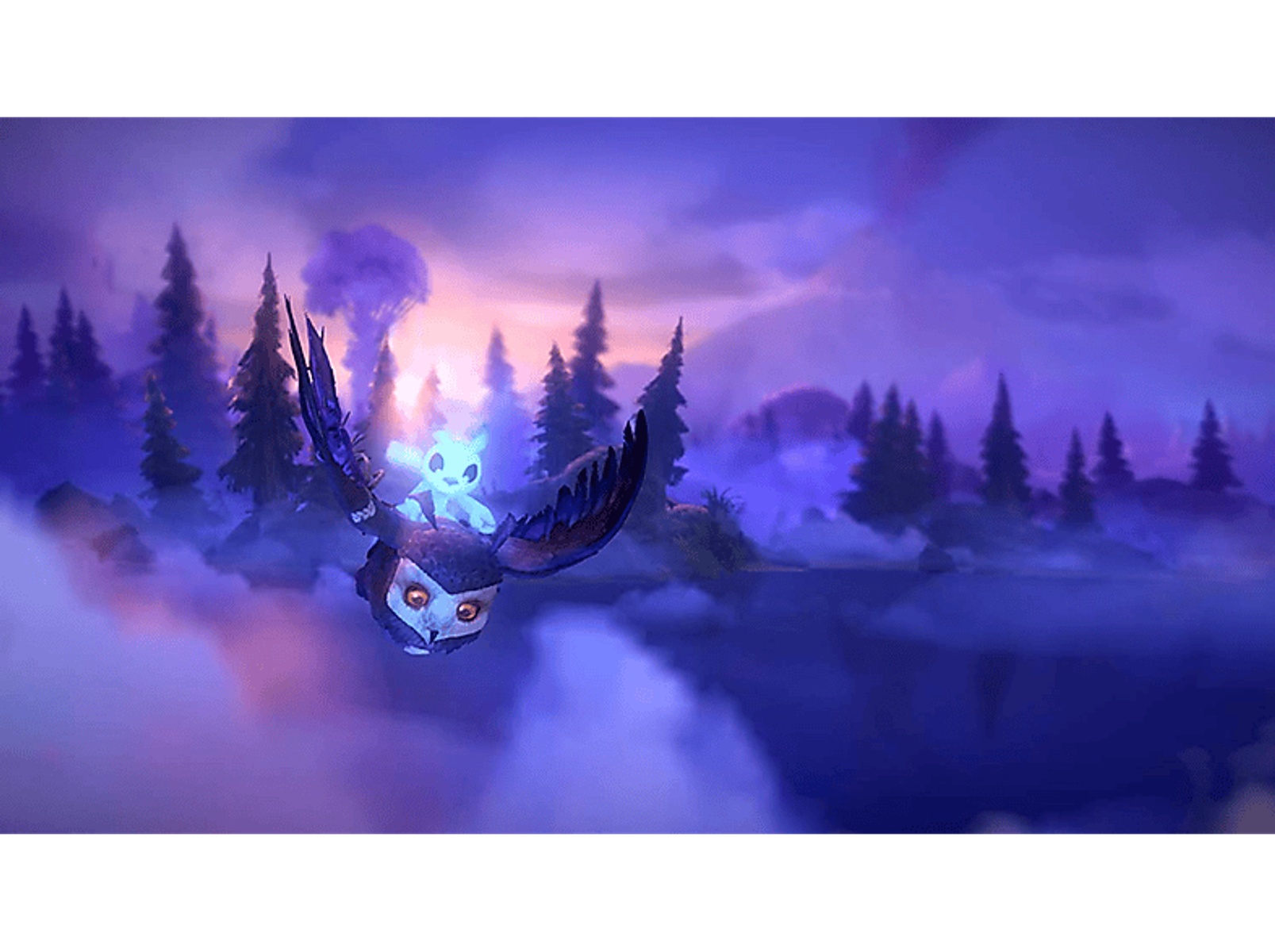 Eine animierte Eule und eine weiße Kreatur fliegen durch eine violette, waldähnliche Umgebung.