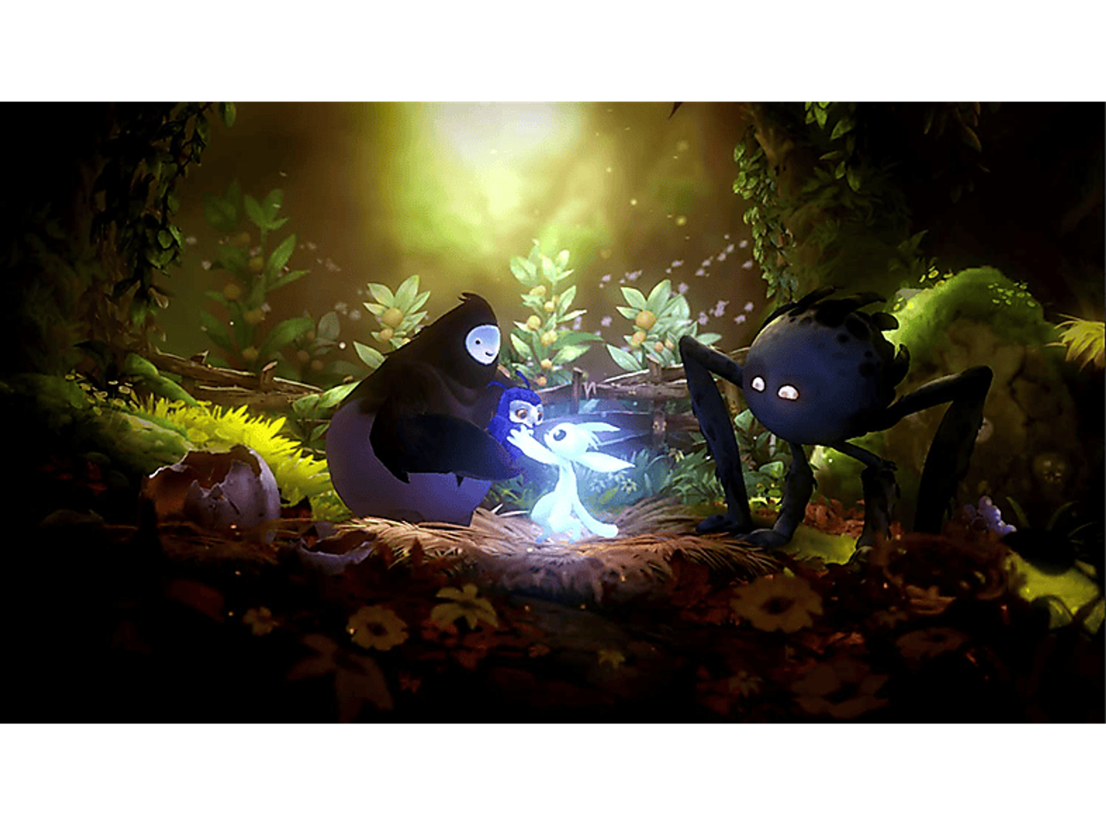 Eine dunkle Waldszene mit Cartoon-Charakteren. Eine große schwarze Spinne, ein kleines blaues Lichtwesen und zwei Figuren.