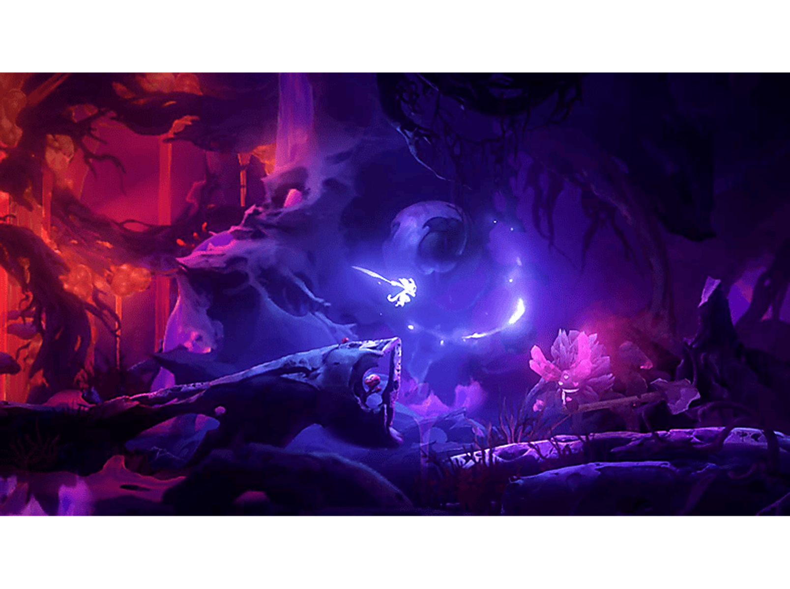 Eine leuchtende Lichtgestalt schwebt in einer dunklen, fantastischen Umgebung mit violetten und roten Farbtönen.