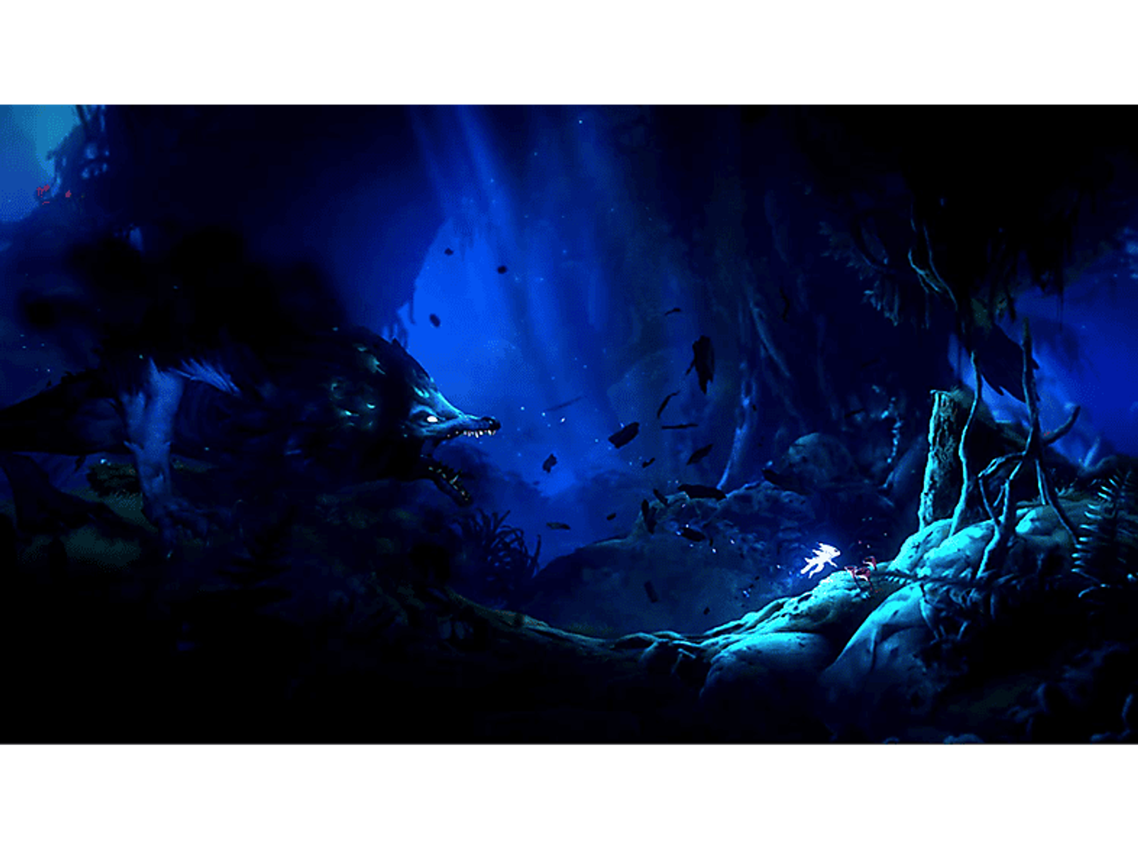 Dunkelblaue Fantasieszene mit Wolf, der kleine Figur angreift, Bäumen und Höhle.