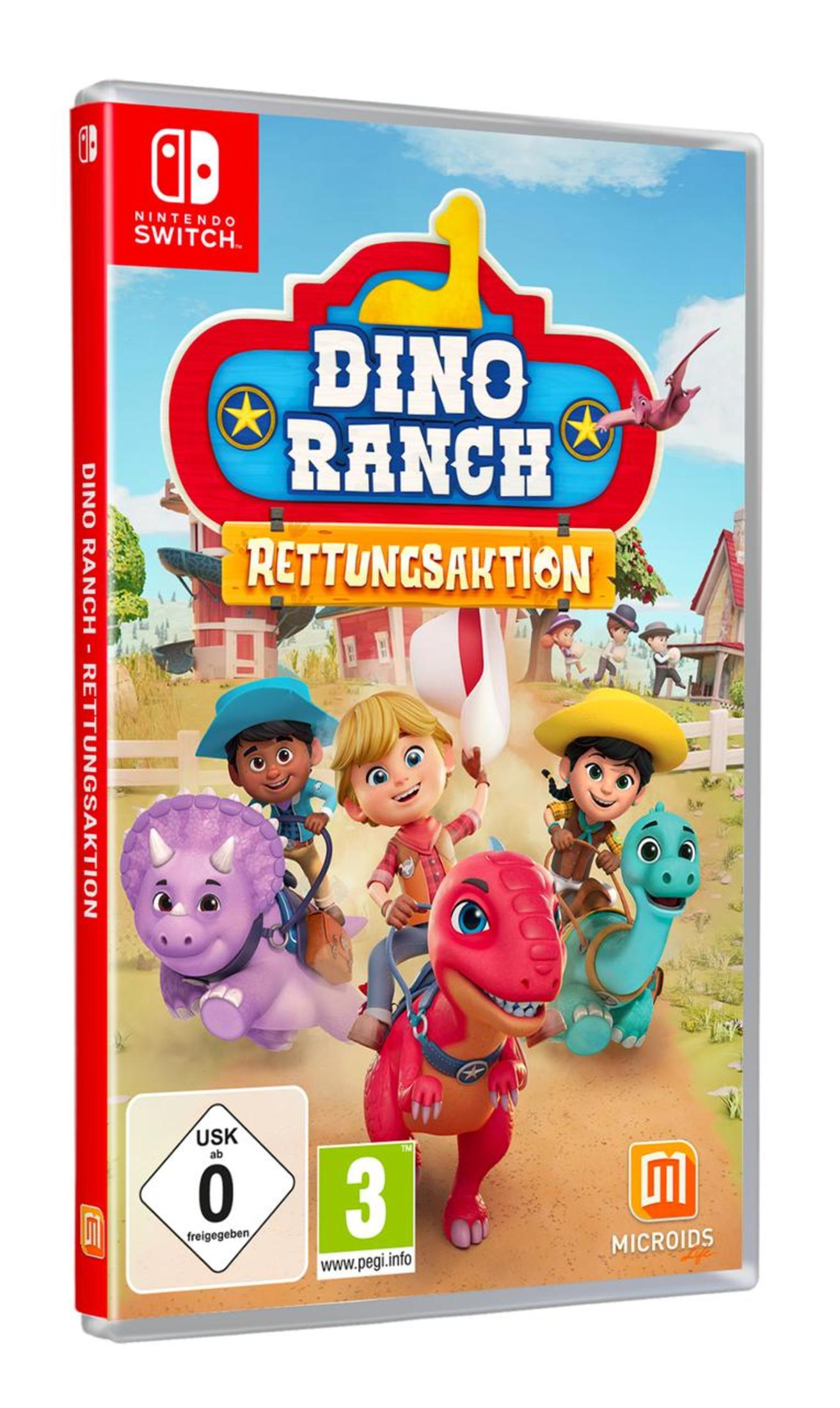 Nintendo Switch-Spielbox: Dino Ranch. Das Cover zeigt Zeichentrick-Dinosaurier und Kinder.