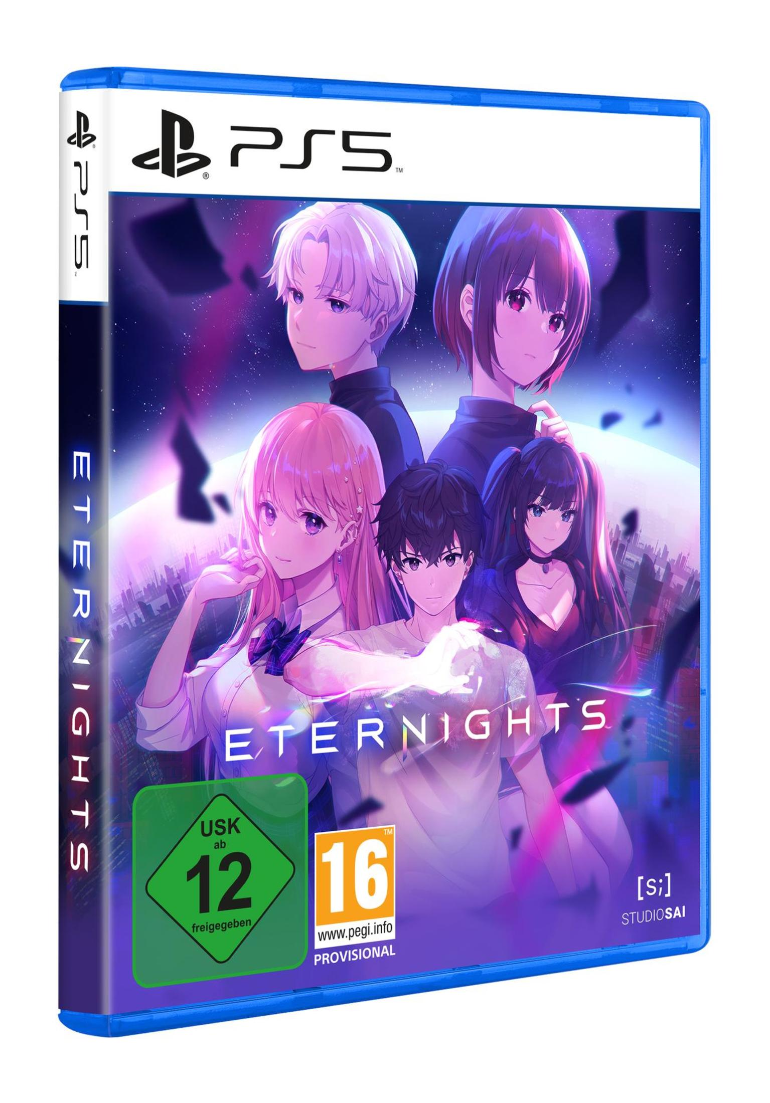 Videospiel-Boxart für Eternights. Zeigt Anime-Charaktere mit blauem und violettem Hintergrund.