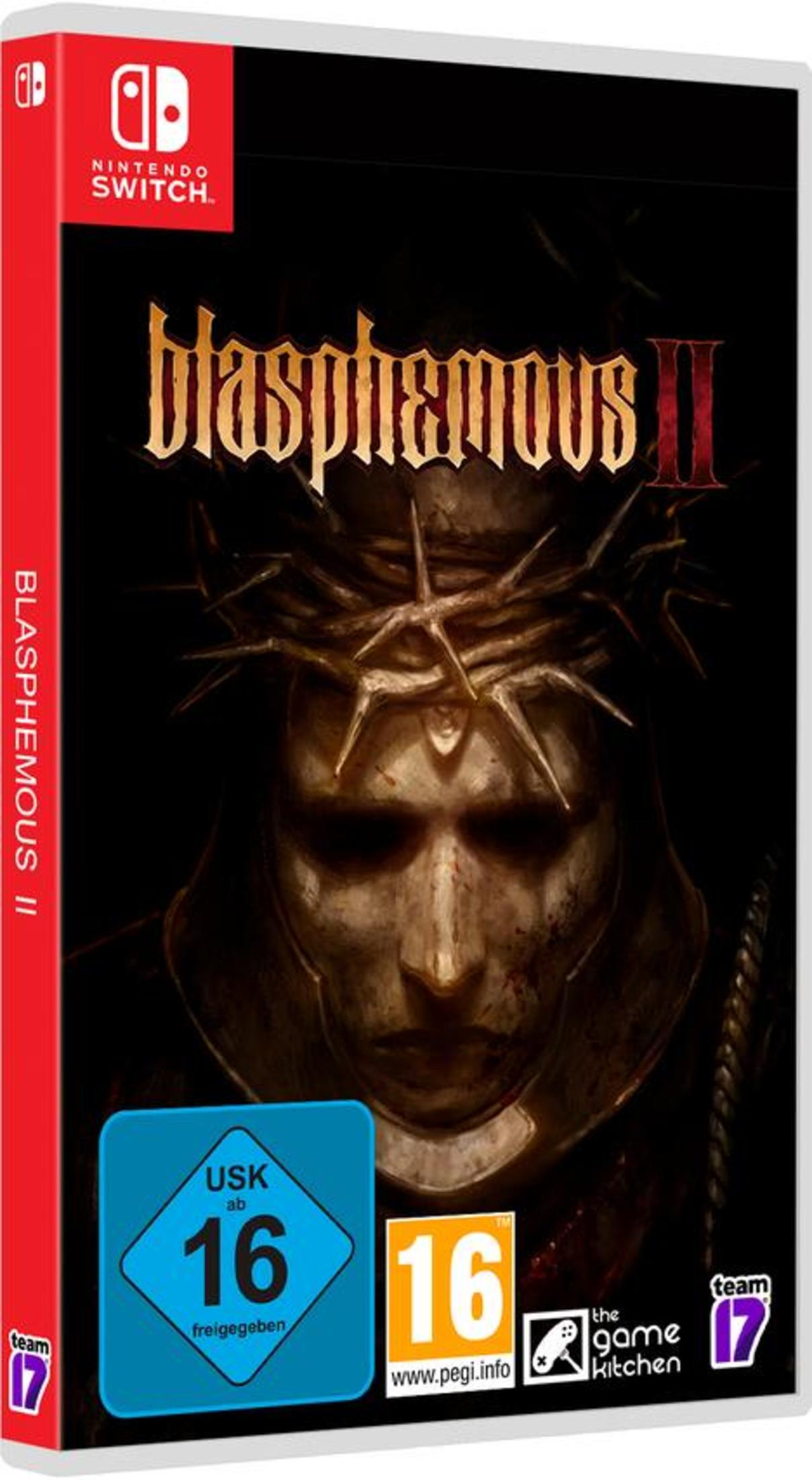 Nintendo Switch Spielbox, Blasphemous II. Eine Figur mit Dornenkrone. Dunkler Hintergrund und Text.