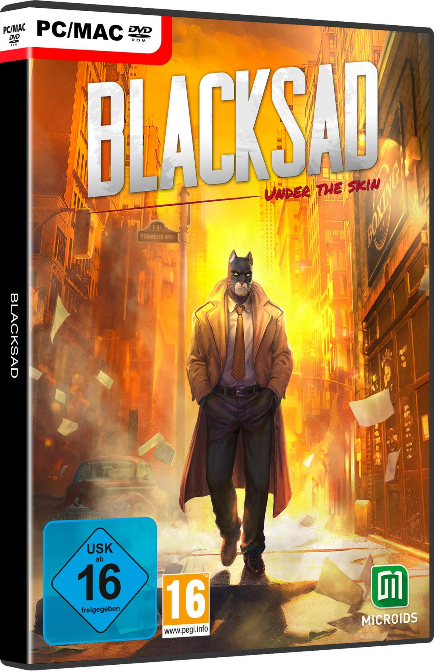 Blacksad-Videospiel-Cover, eine katzenartige Figur in einem Trenchcoat, Stadt-Hintergrund.
