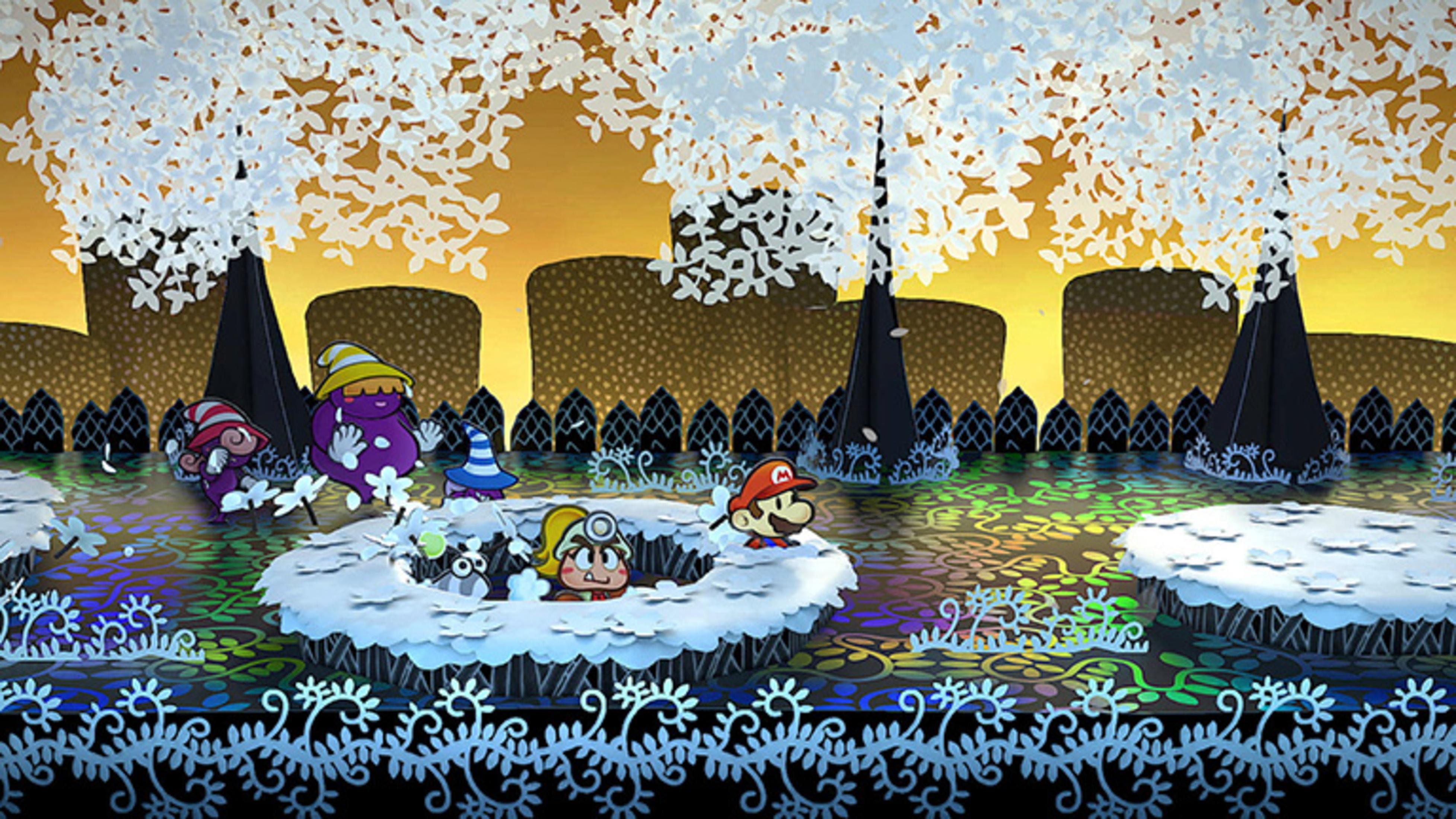 Scena z Paper Mario z postaciami na śniegu w kolorowym świecie.