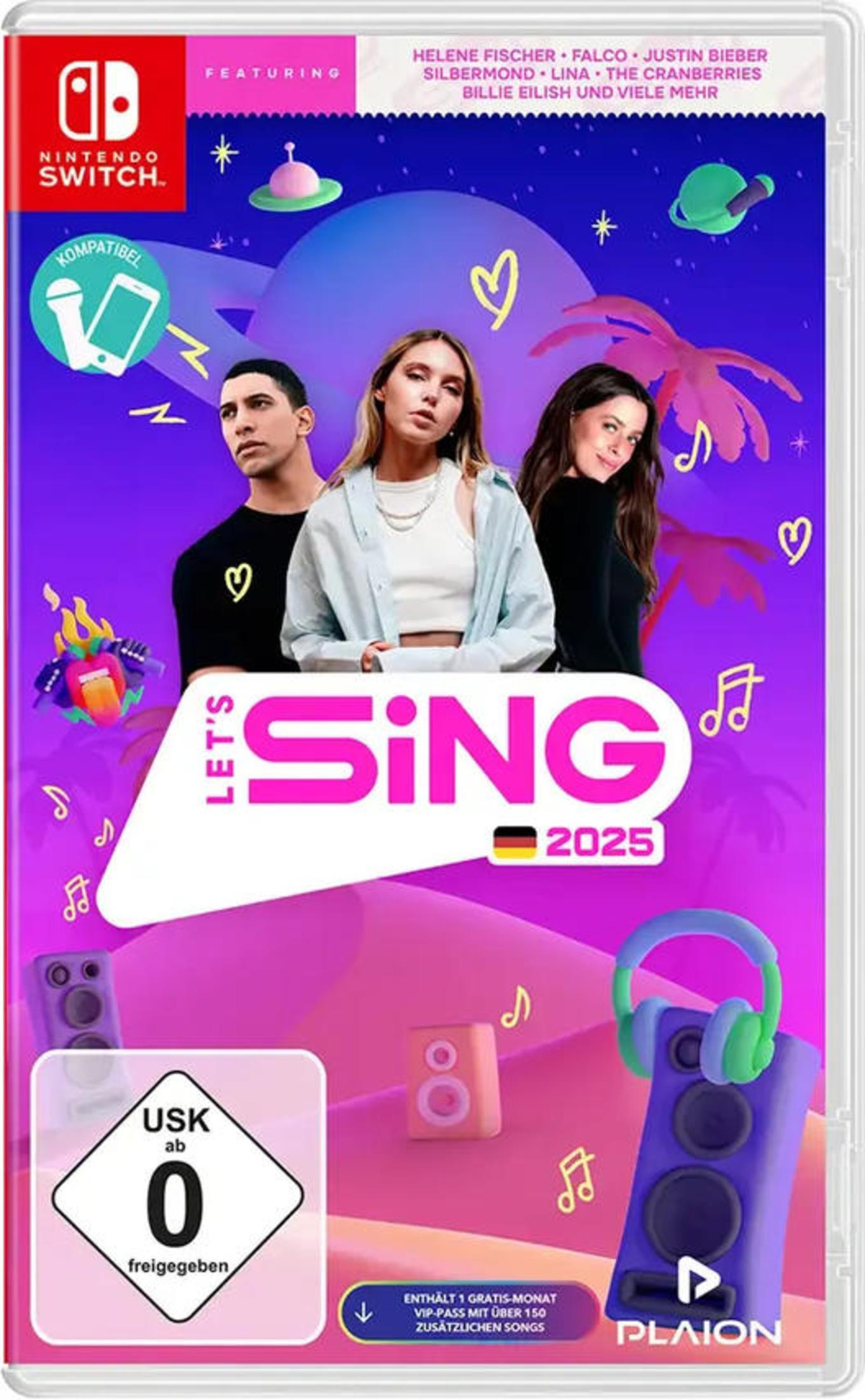 Spielbox für Let's Sing 2025 mit Sängern, Nintendo Switch Logo und deutscher Flagge.