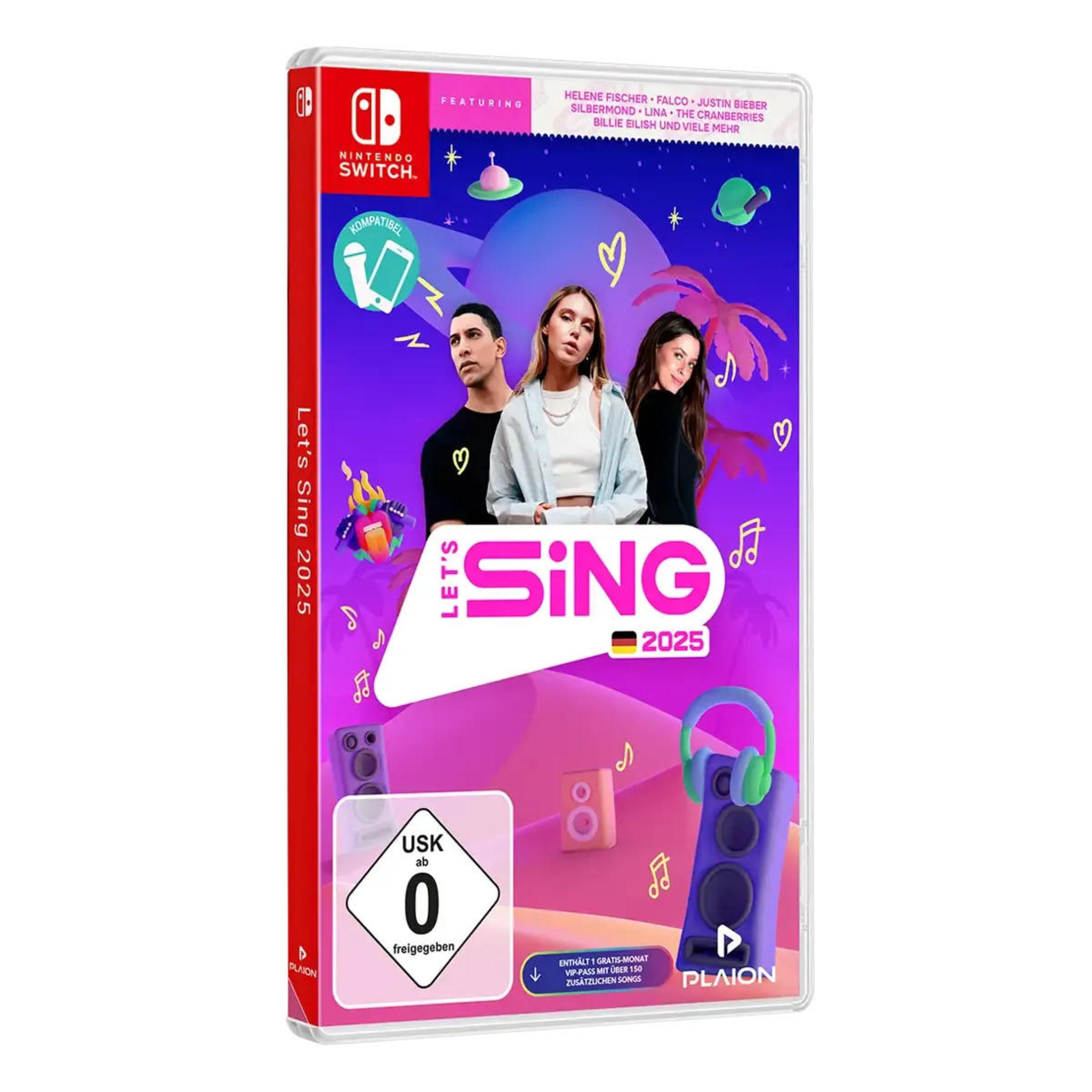 Nintendo Switch-Spielbox mit 'Let's Sing 2025' und drei Personen auf dem Cover.