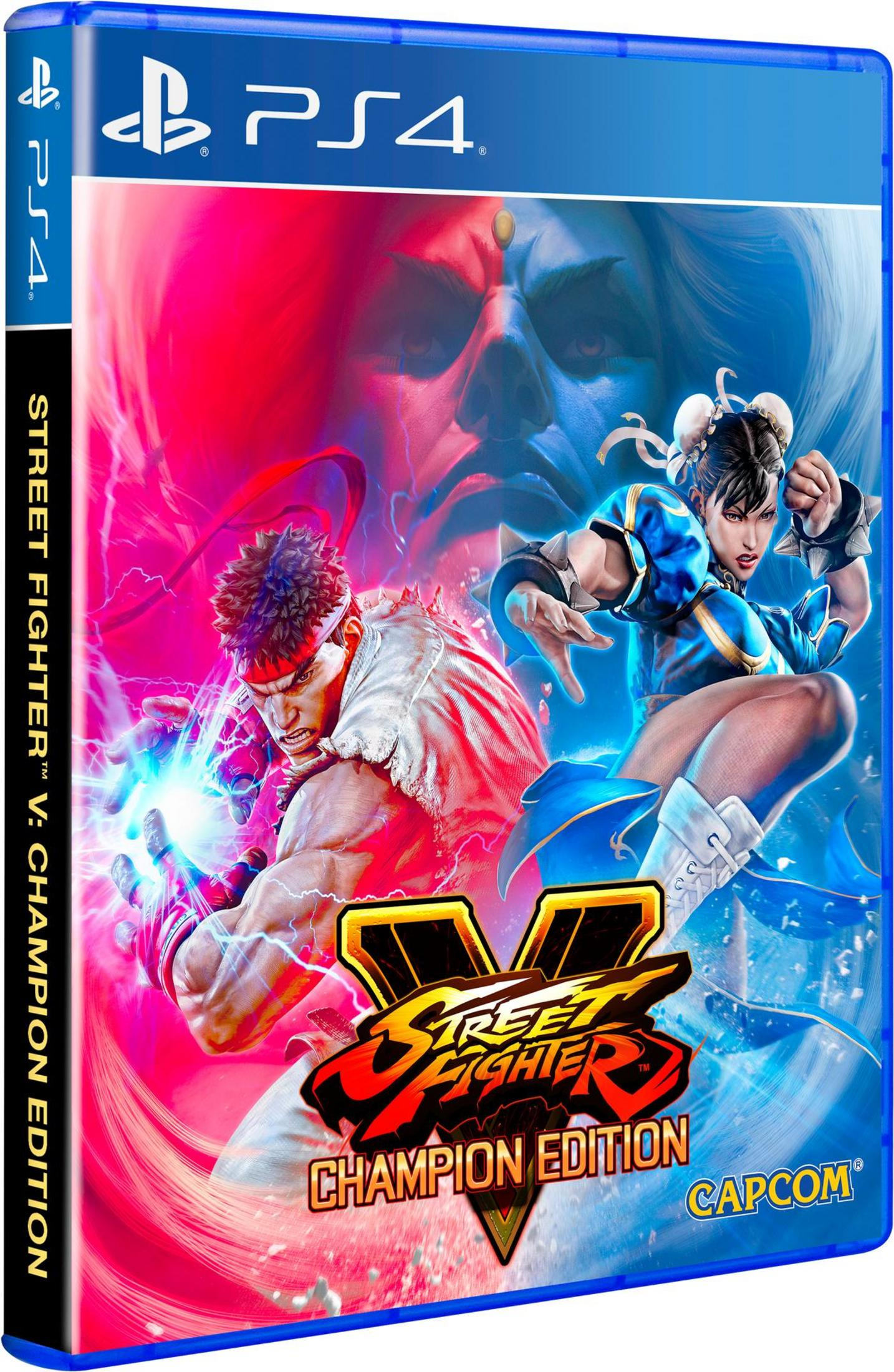 Boîte de jeu vidéo pour "Street Fighter V: Champion Edition" avec Ryu et Chun-Li en action.