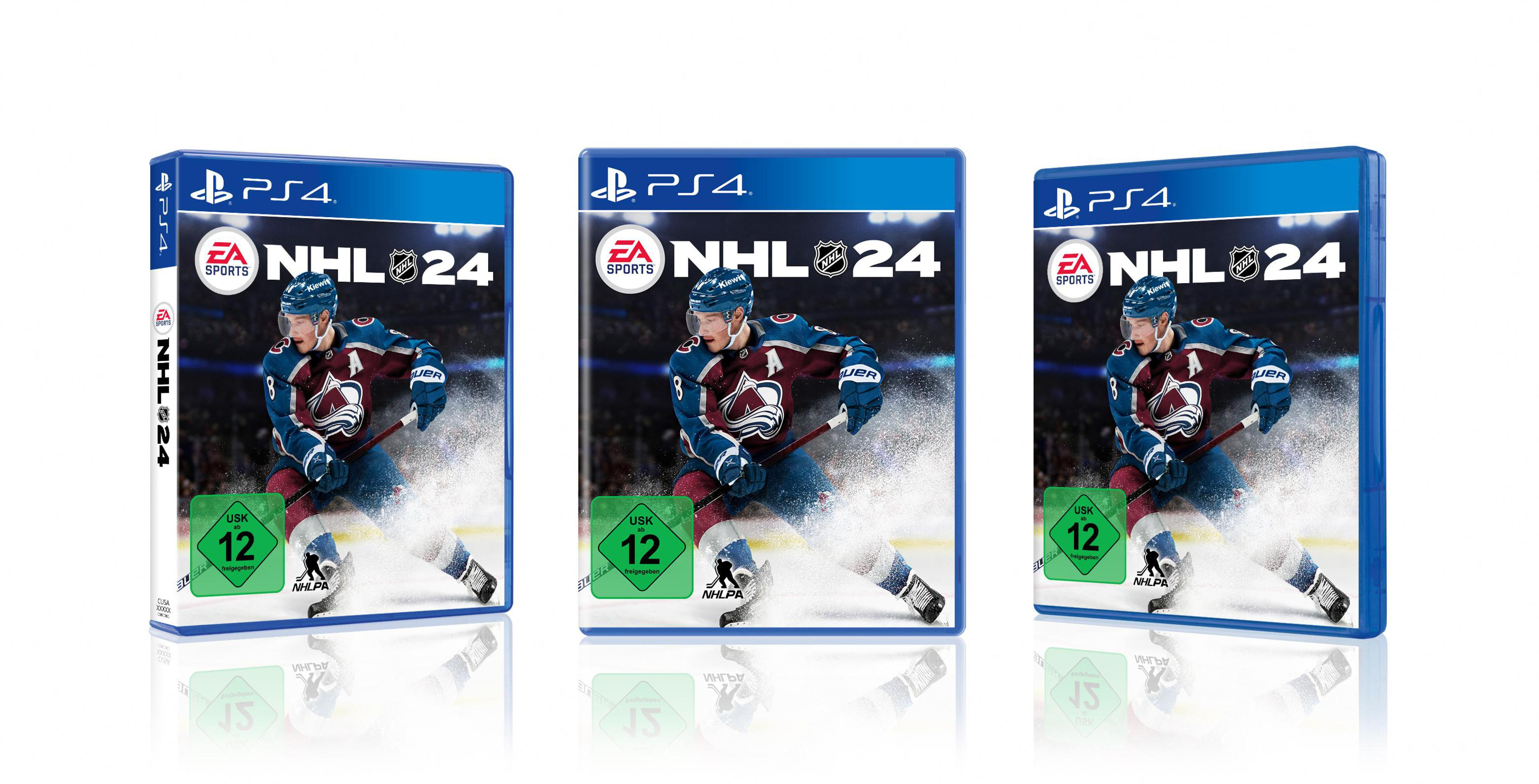 Drei PS4-Spielehüllen für NHL 24. Jede Hülle hat das Spielcover mit einem Hockeyspieler.