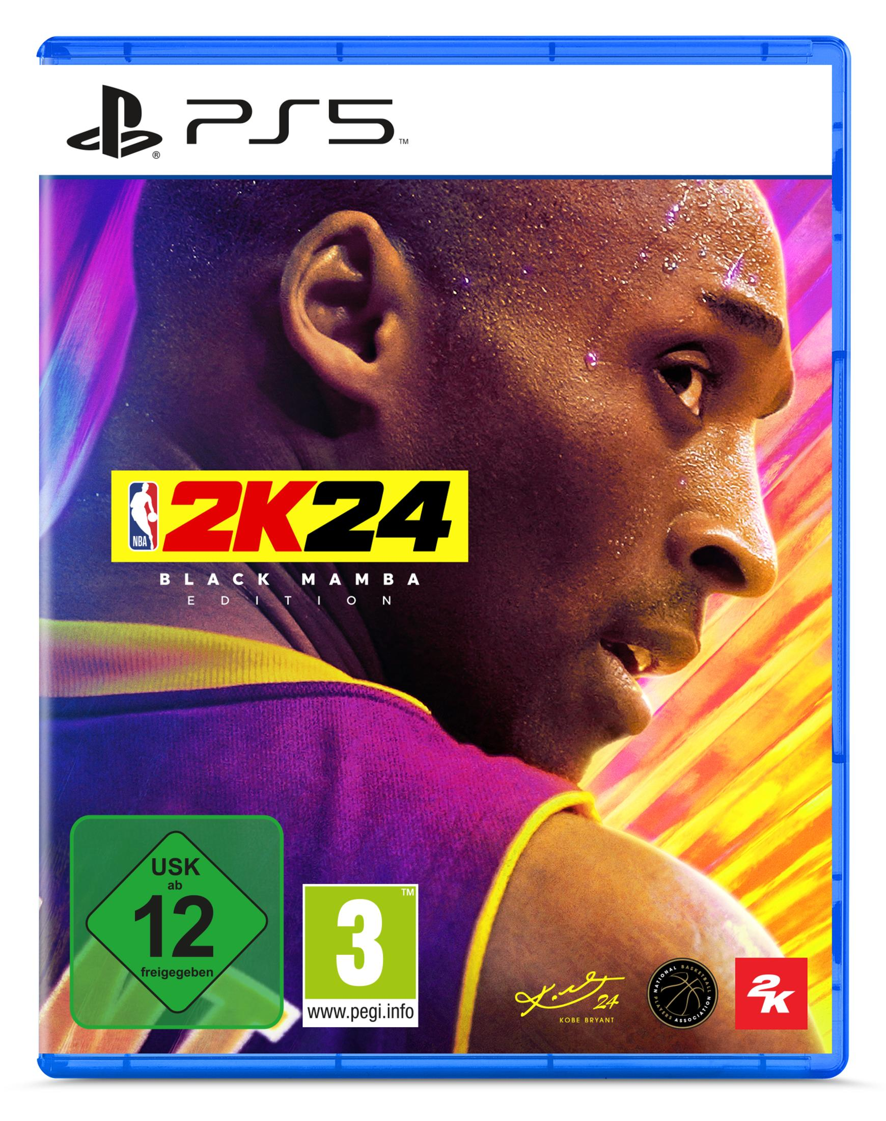 PS5-Spielhülle. Auf dem Cover ist Kobe Bryant abgebildet. Der Spieletitel lautet 2K24. Der Hintergrund ist schwarz.