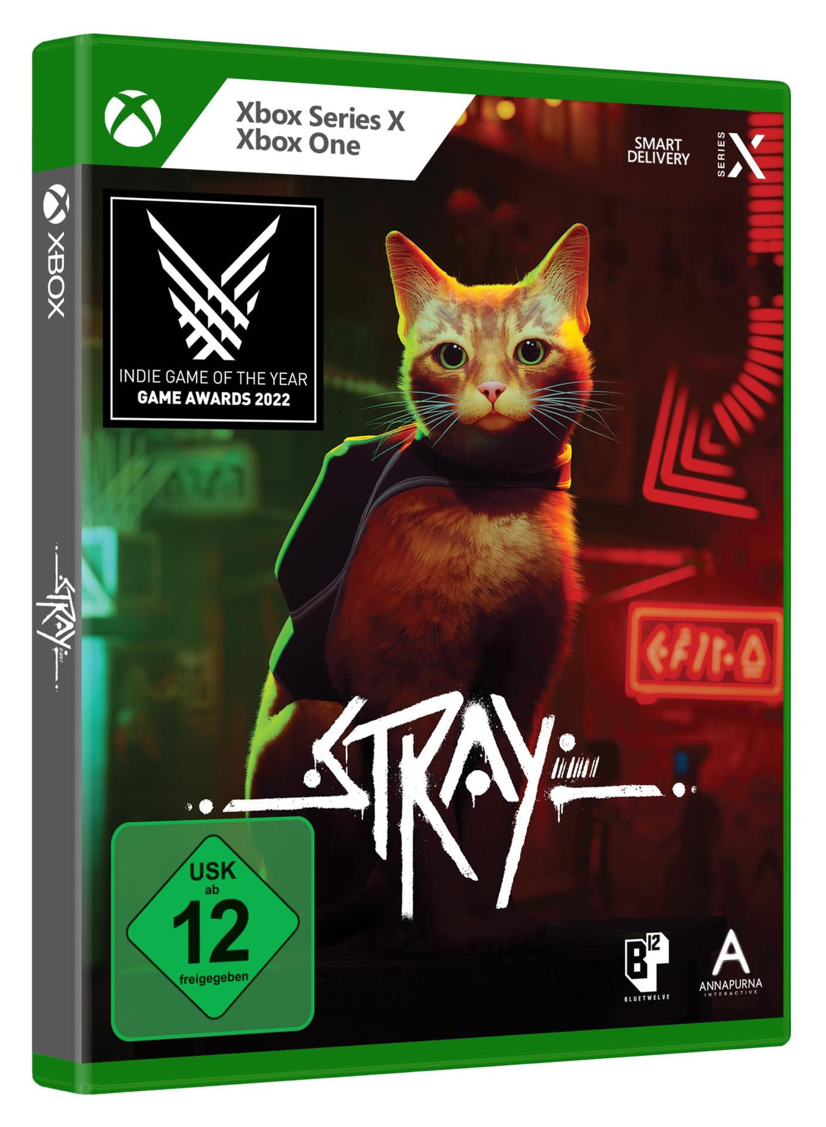 Spielbox mit einer Katze. Es steht 'Stray' drauf und hat eine USK-Bewertung von 12.