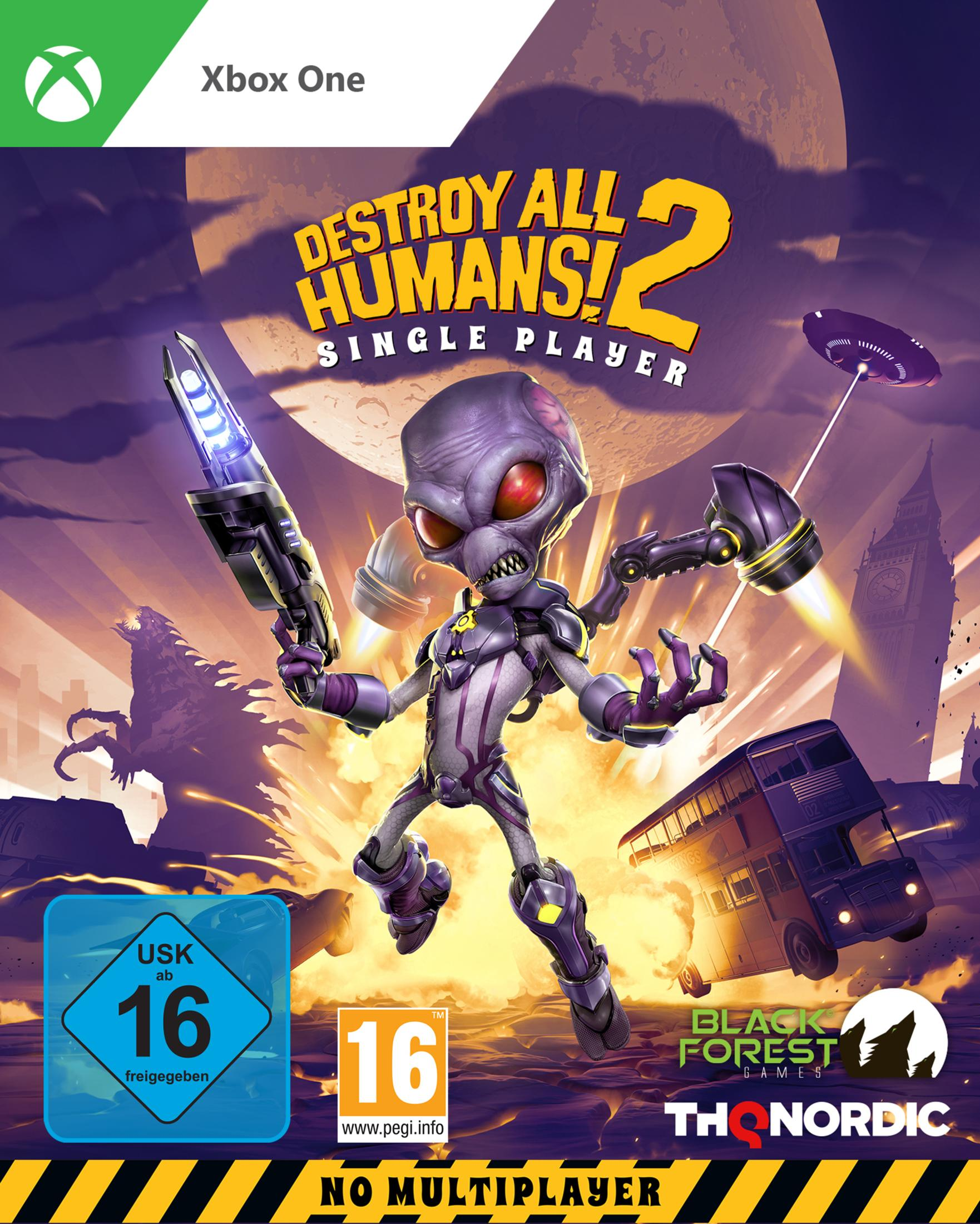 Spielbox für Destroy All Humans! 2, mit einem Alien mit einer Waffe.