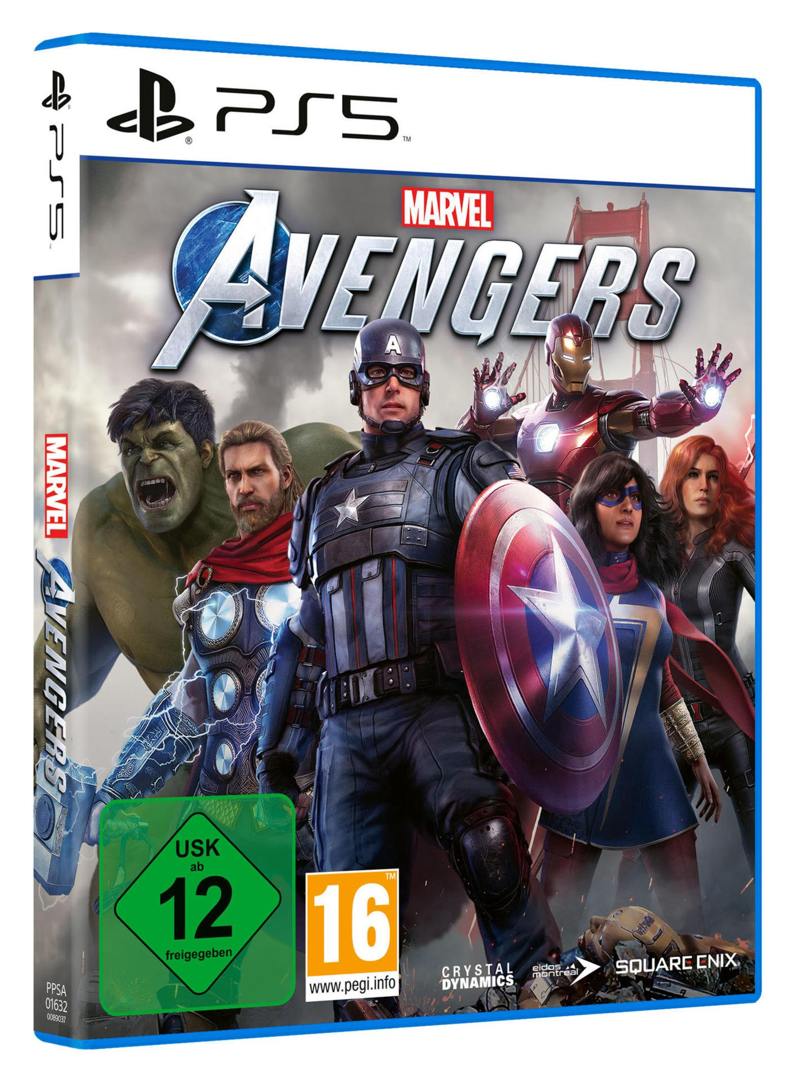 Ein Spielbox-Cover mit Marvel Avengers-Charakteren, mit einer grünen USK-Einstufung.