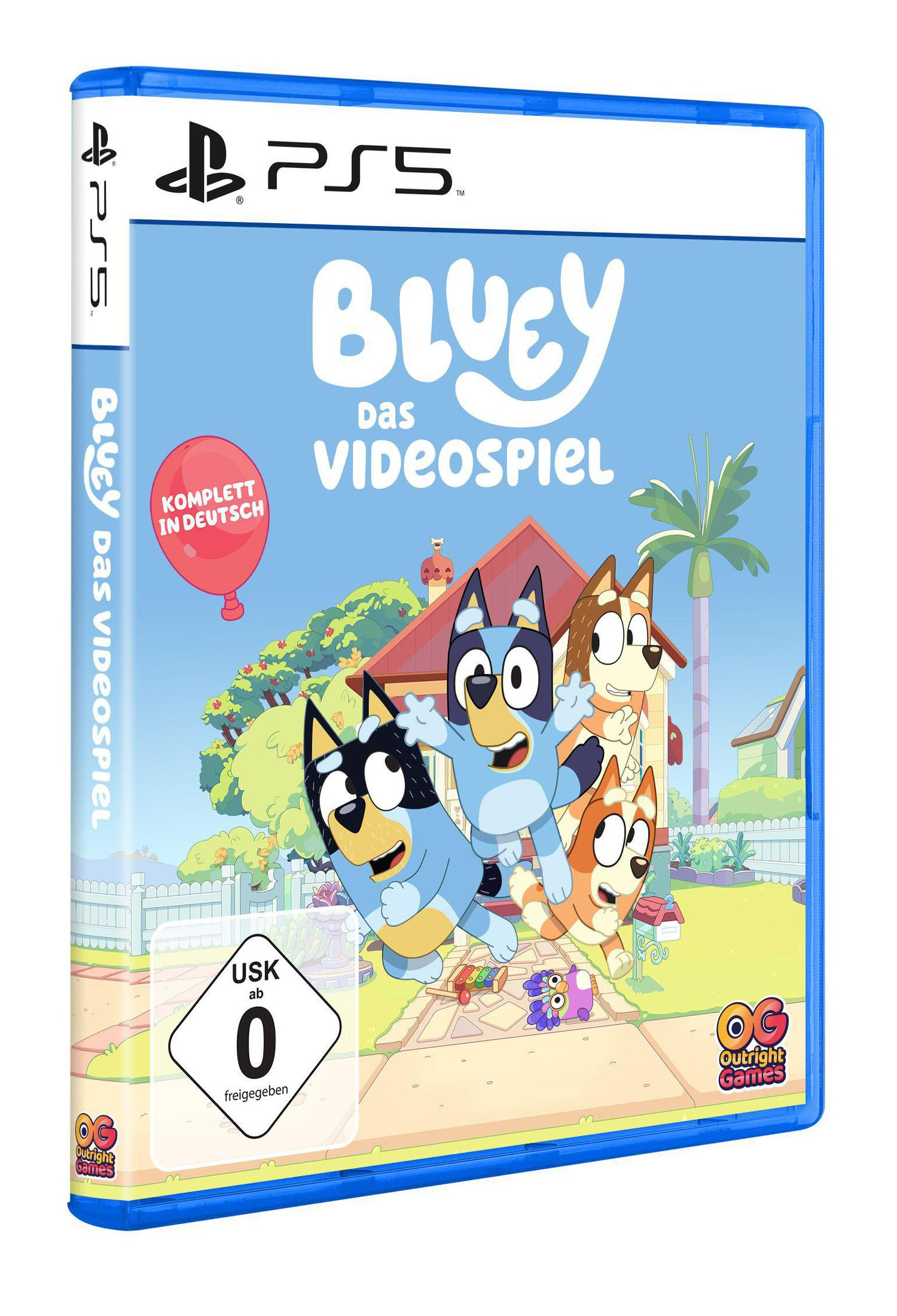 PS5-Spielcover für 'Bluey - Das Videospiel' mit Zeichentrickhunden.