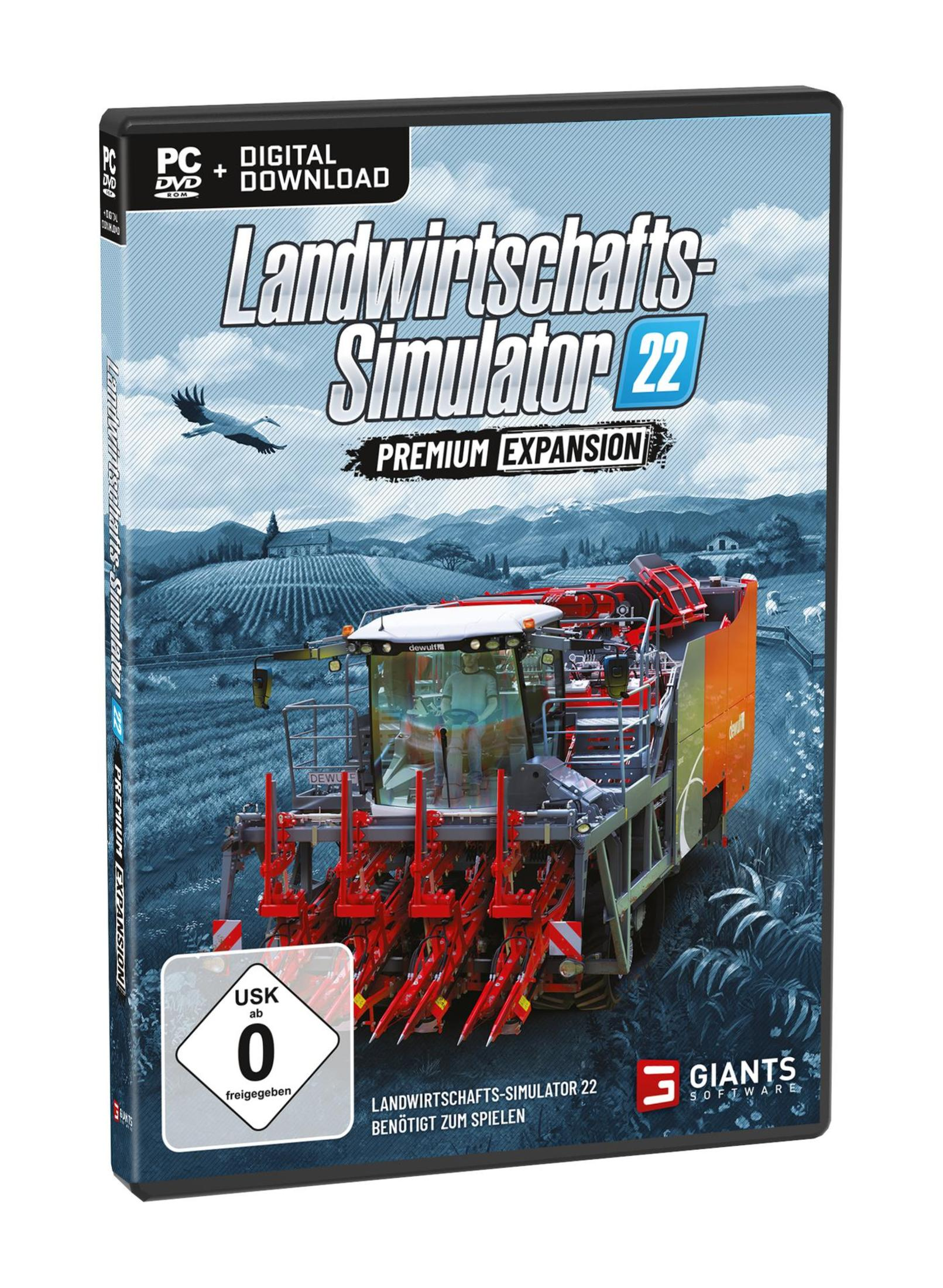 Das Cover einer Videospielhülle, das einen Mähdrescher auf einem Feld mit Logo und Text zeigt.