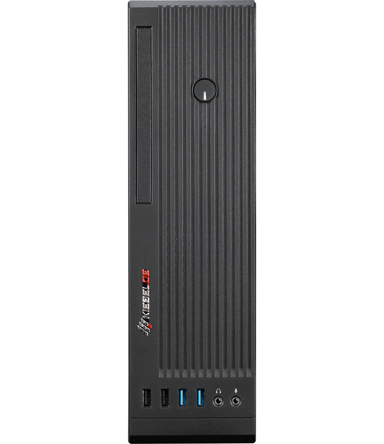 Een zwarte pc-behuizing met verticaal ontwerp, met een aan/uit-knop en poorten aan de voorkant.