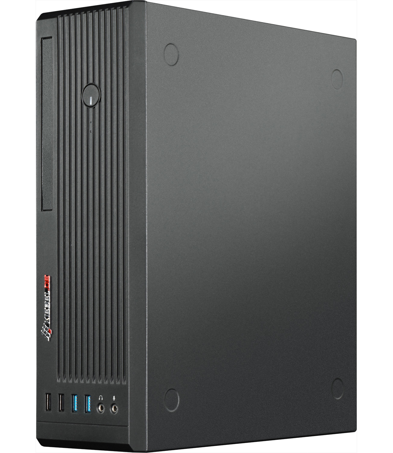 Een zwarte computertoren met een verticaal ontwerp en een Lenovo-logo.