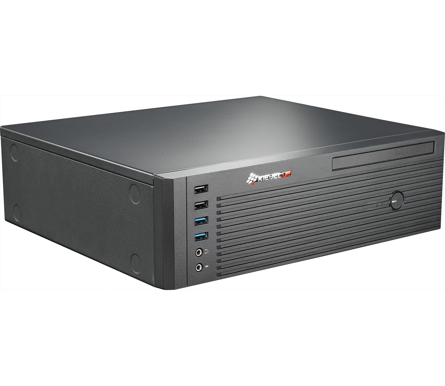 Een zwarte computer. De voorkant heeft USB-poorten en audio-aansluitingen. De zijkant heeft een drive.