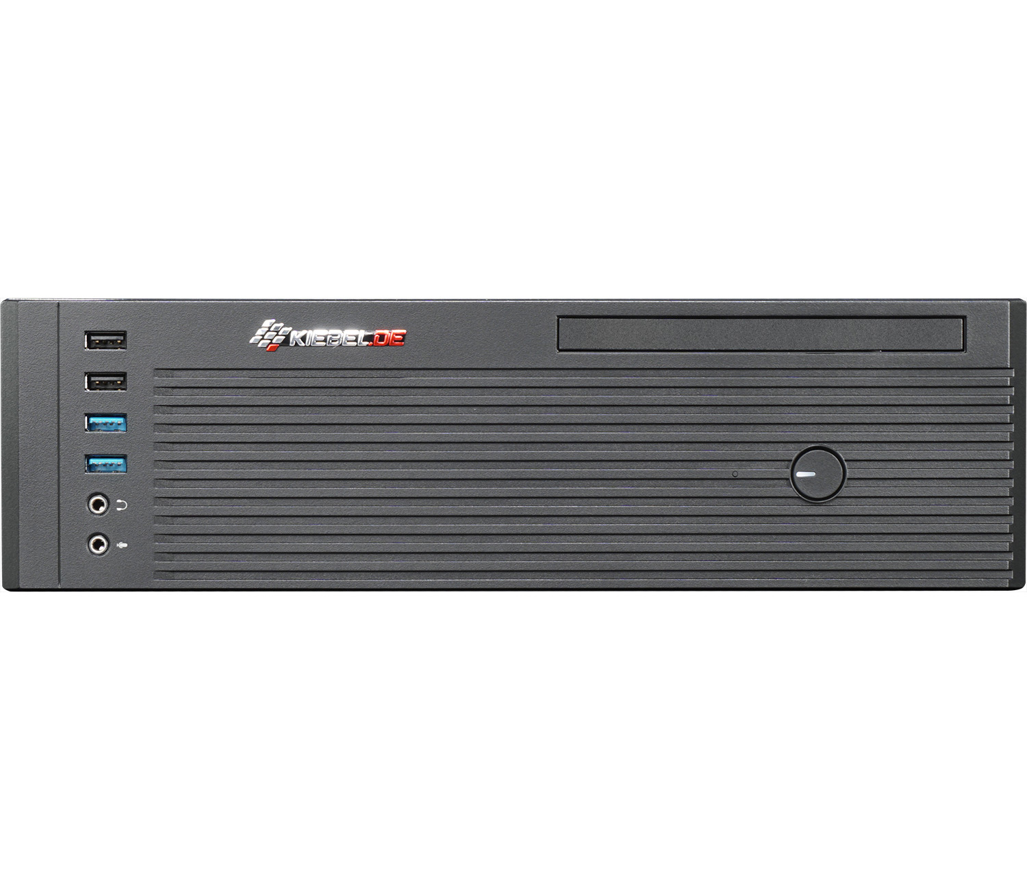 Een zwarte computerkast met poorten en een aan/uit-knop. 'KICPC DS' staat erop.