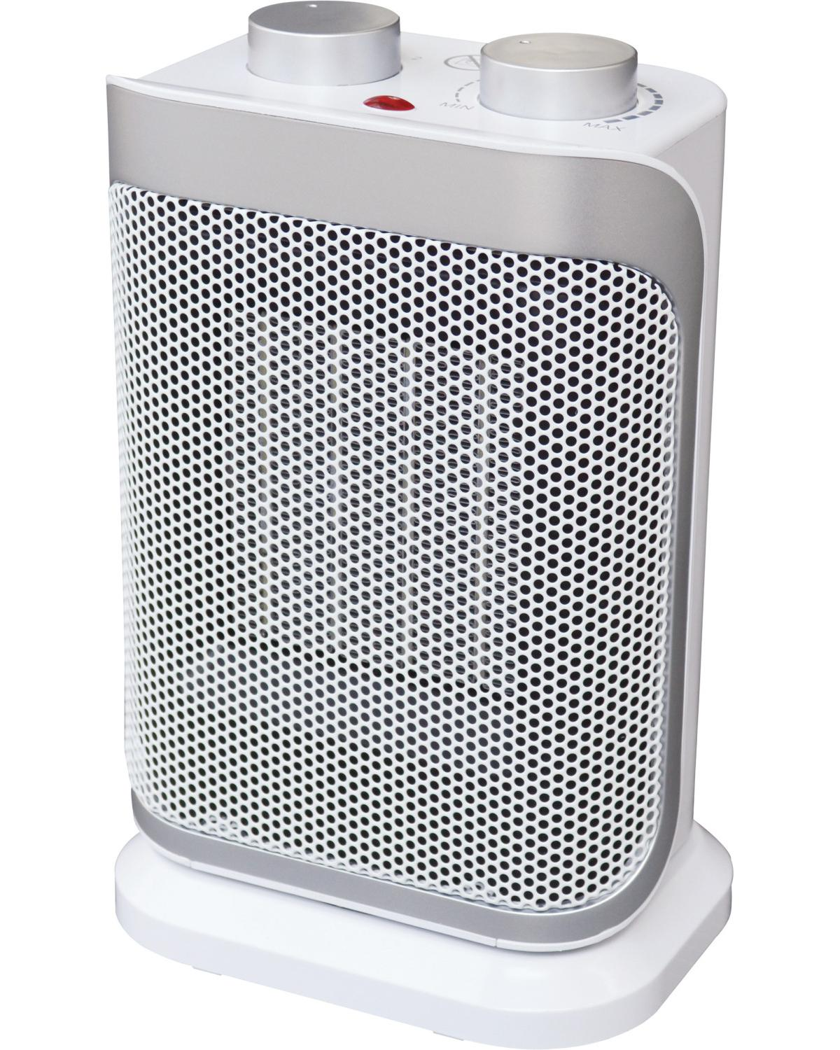 Termoventilatore elettrico bianco e grigio con frontale perforato e due manopole argentate sulla parte superiore.