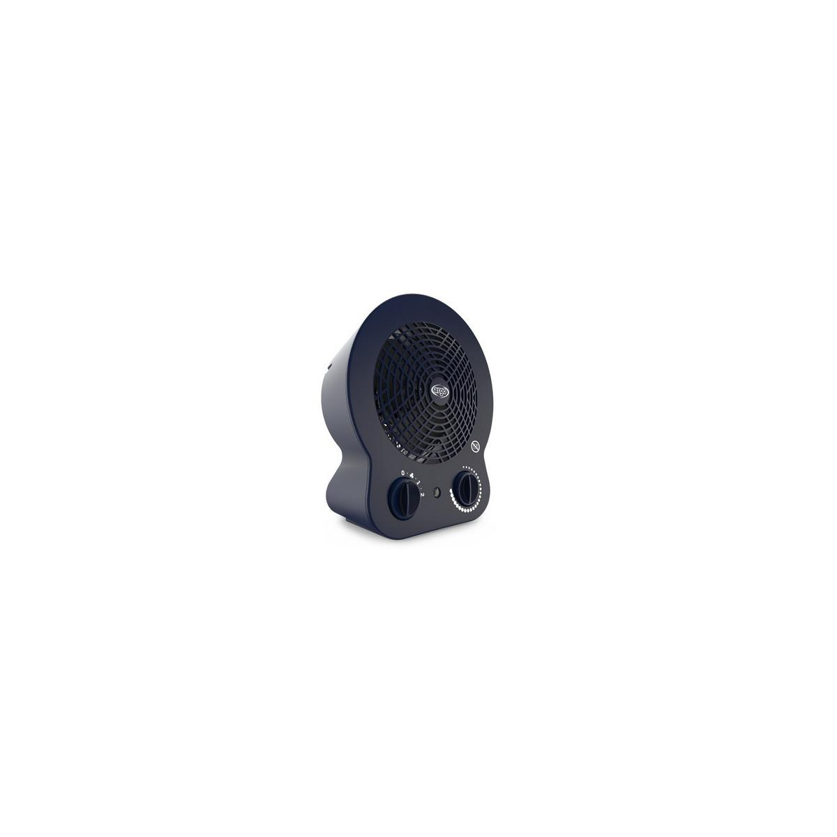 Ventilatore nero con due manopole di controllo, su sfondo bianco.