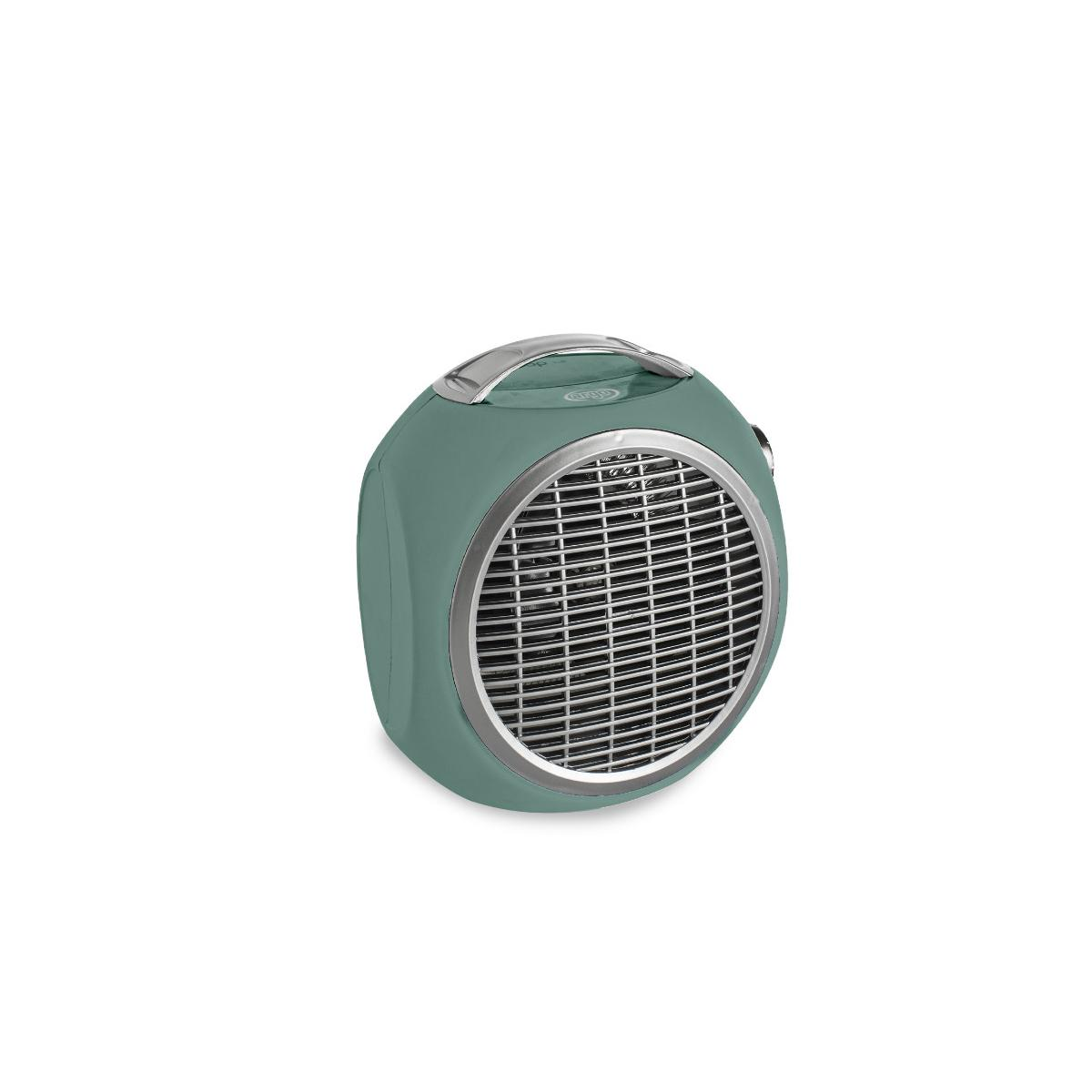 Un termoventilatore verde chiaro, di forma ovale, con una griglia metallica.