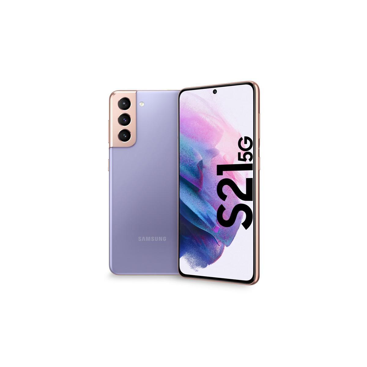Violettes Telefon vorne und hinten. Kameraobjektive auf der Rückseite. Weißer Hintergrund.