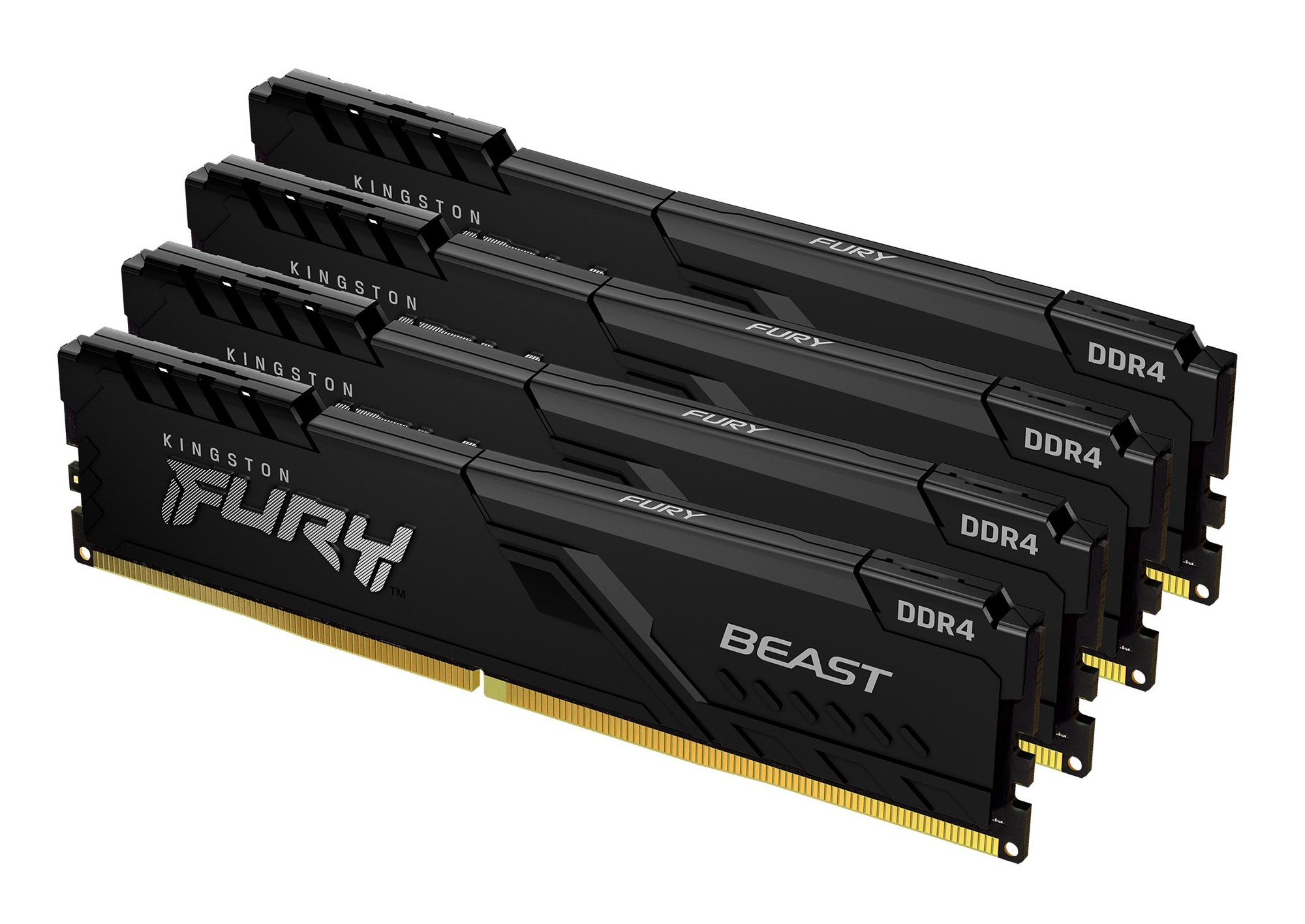 Quattro moduli RAM DDR4 Kingston FURY Beast neri, disposti affiancati, con connettori dorati.