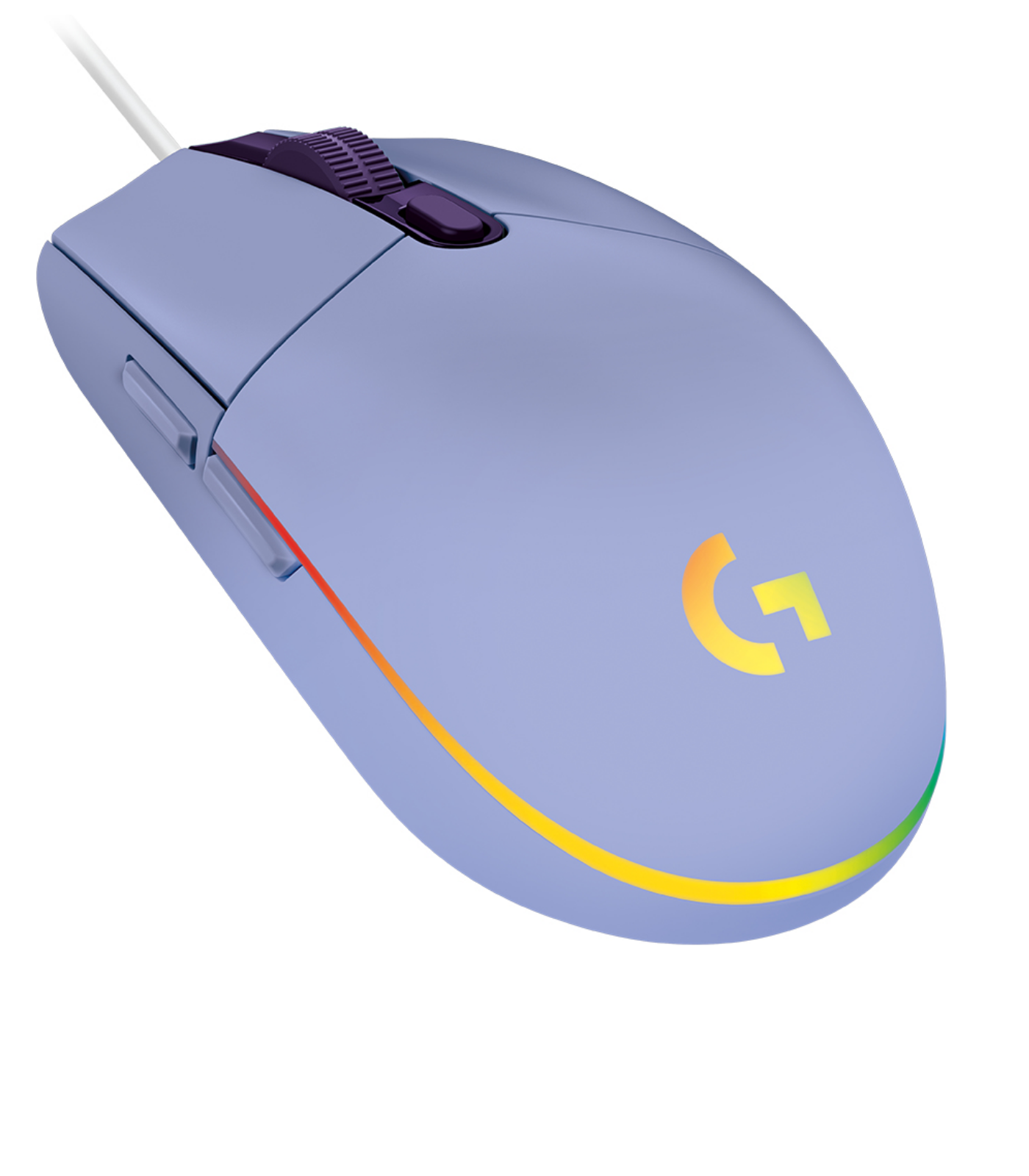Jasnofioletowa mysz do gier Logitech z białym kablem i tęczowym światłem.